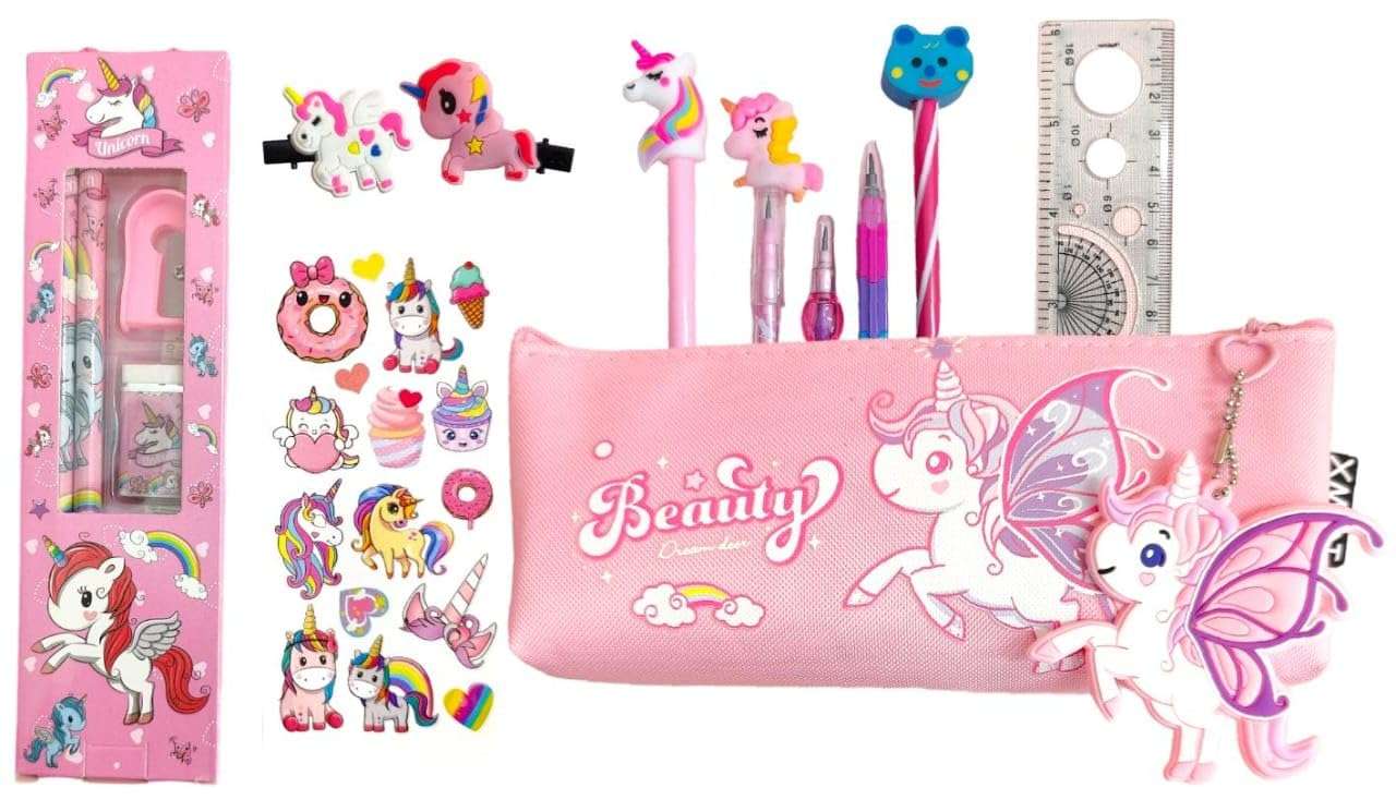 TERA 13 Unicorn Stationery Pouch Combo for Girls, Unicorn Pencil Pouch for Kids, Pen Pencil Eraser Kit for Girls Return Gifts for Girls Unicorn Birthday Gifts Stationery Set (Pack of 10 Items) 1