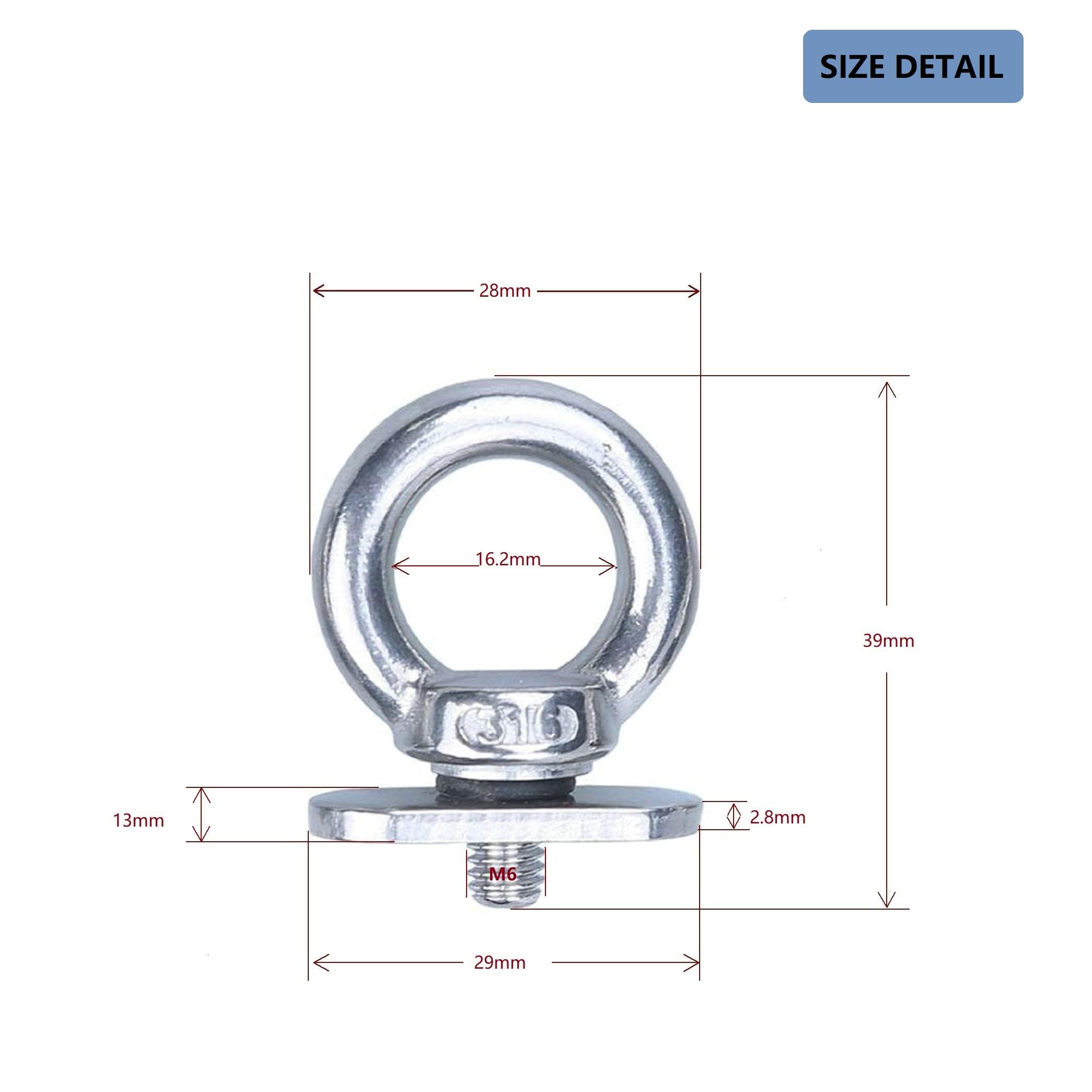 Thorn Track Mount Tie Down Eyelets, M6 Metal Eye Bolts, 316 Stainless Steel, Hold Bungee Cord or Ropes Up to 0.6 Inch, Pack of 6 4