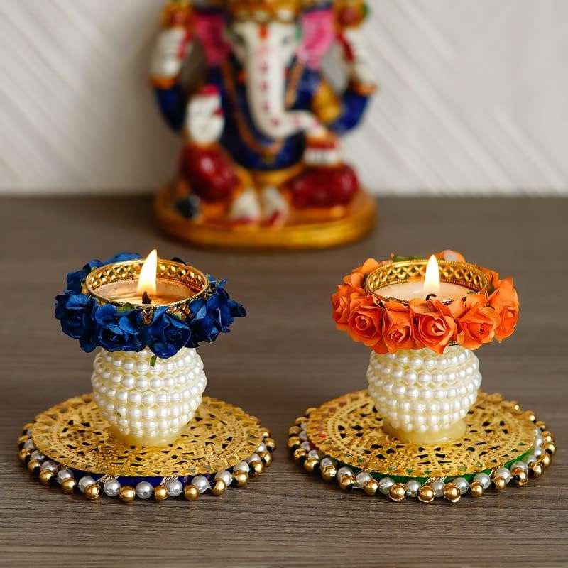 Divyakosh Multicolour Pearl Decoration Candle Holders/Rangoli Tealights for Puja Decor|Tealights, Lotus Diya for Pooja, Festival Decor|Lotus Deepam (Orange 10), Diya for puja 6