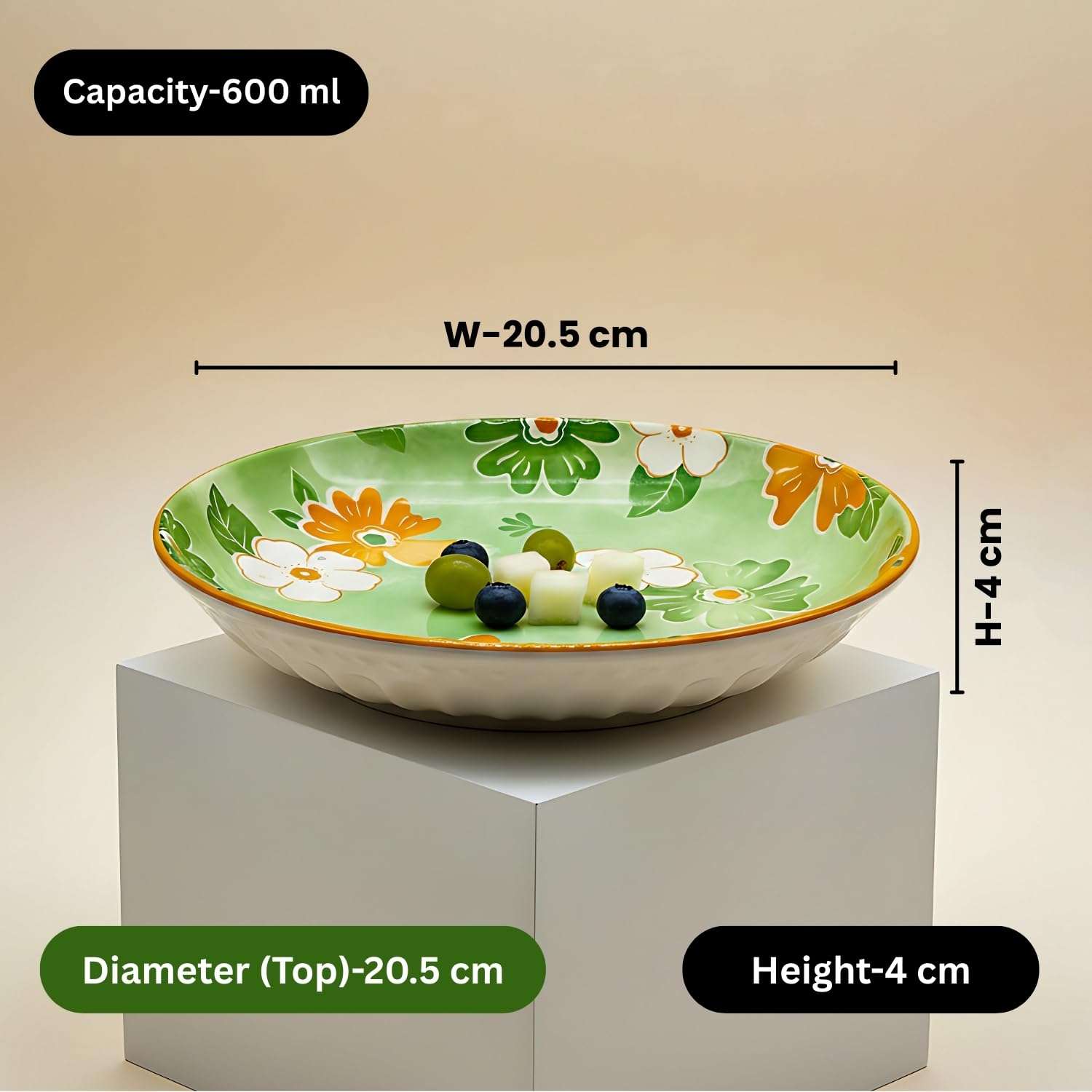 Lemon Tree Snack Serving Plate 20 cm Round Ceramic Deep Salad, Pasta Plate | Dinner Plates for Kitchen Microwave, Dishwasher & Oven Safe (Green) 6