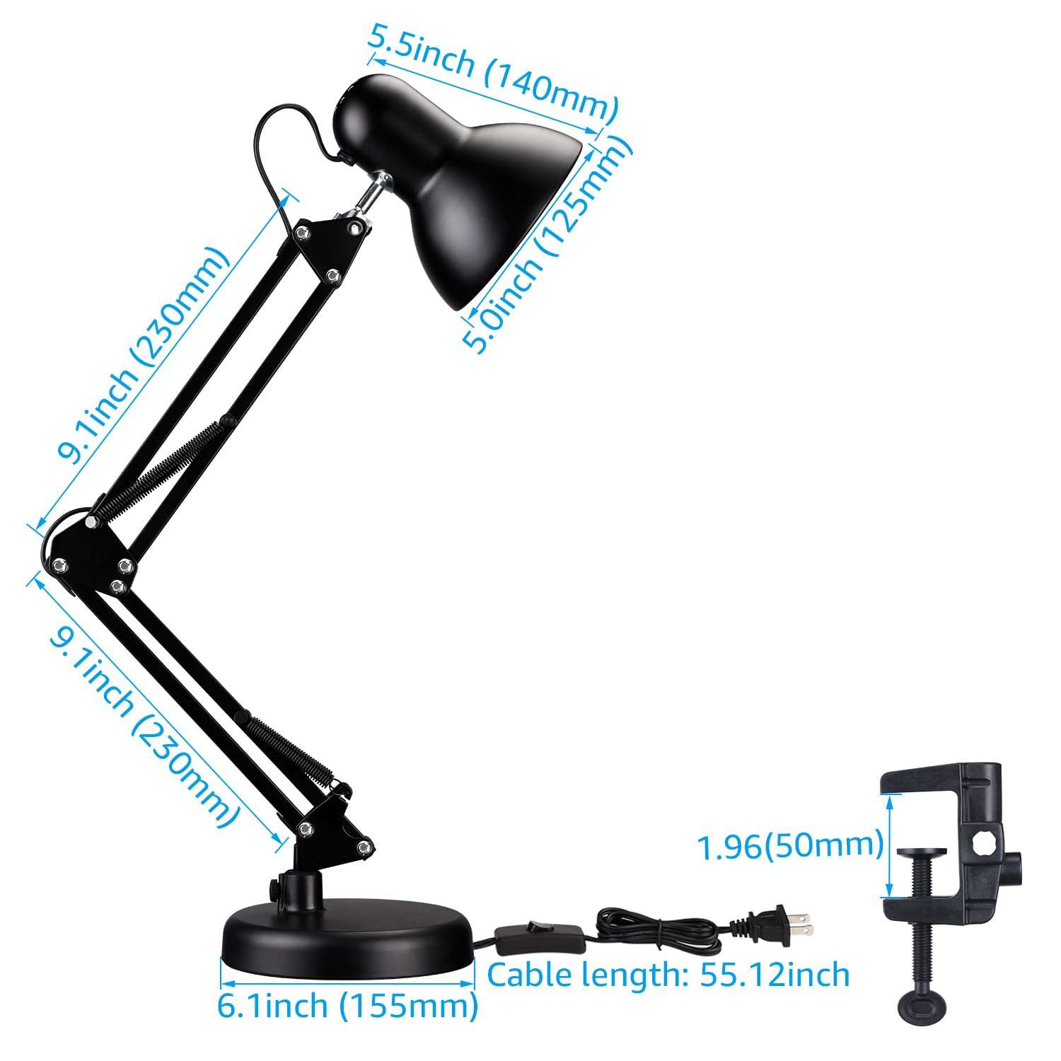 TORCHSTAR Metal Desk Lamp with Clamp, Swing Arm, E26, Multi-Joint, Black Bundle LED Cordless Table Lamp, Rechargeable Table Lamp, Dimmable, 4000mAh Battery Operated, 2700K, Green, Pack of 2 6