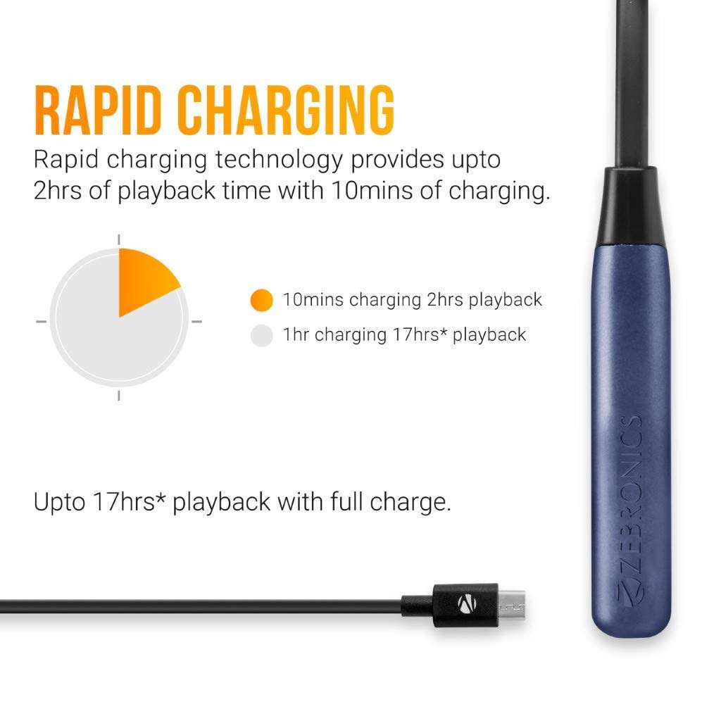 ZEBRONICS Zeb-Lark ​Wireless ​in Ear​ ​Neckband Earphone​ ​with BT 5.0, Rapid Fast Charging, Up to 17H Battery Life, Dual Pairing, Call Function, Splash Proof, Magnetic Earpiece (Blue) 3
