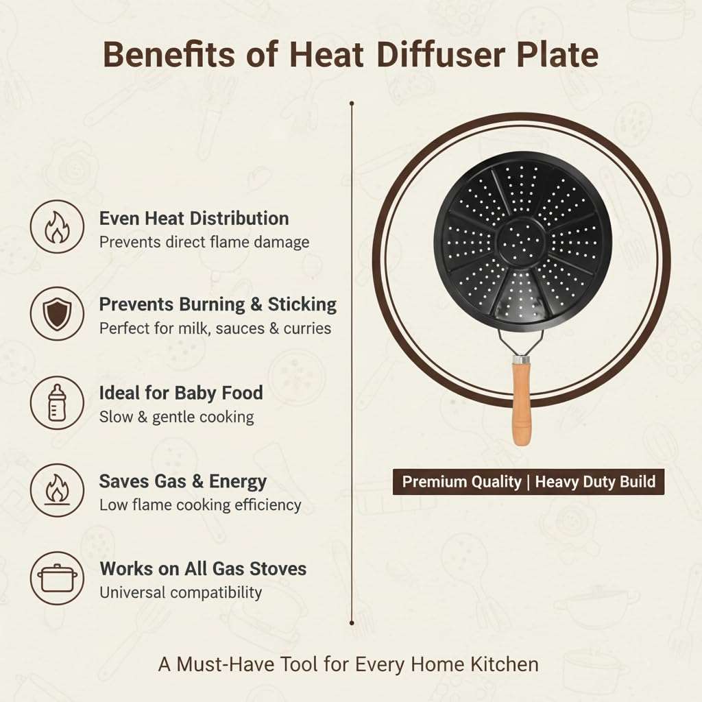 Alark Heat Induction Diffuser BBQ Plate Gas Stove Cooking Cast Iron Heat Diffuser Reducer Flame Guard Open Simmer Plate With Handle Gas Furnace Thermal Diffuser Solid Stainless Steel Plate (Black) 5