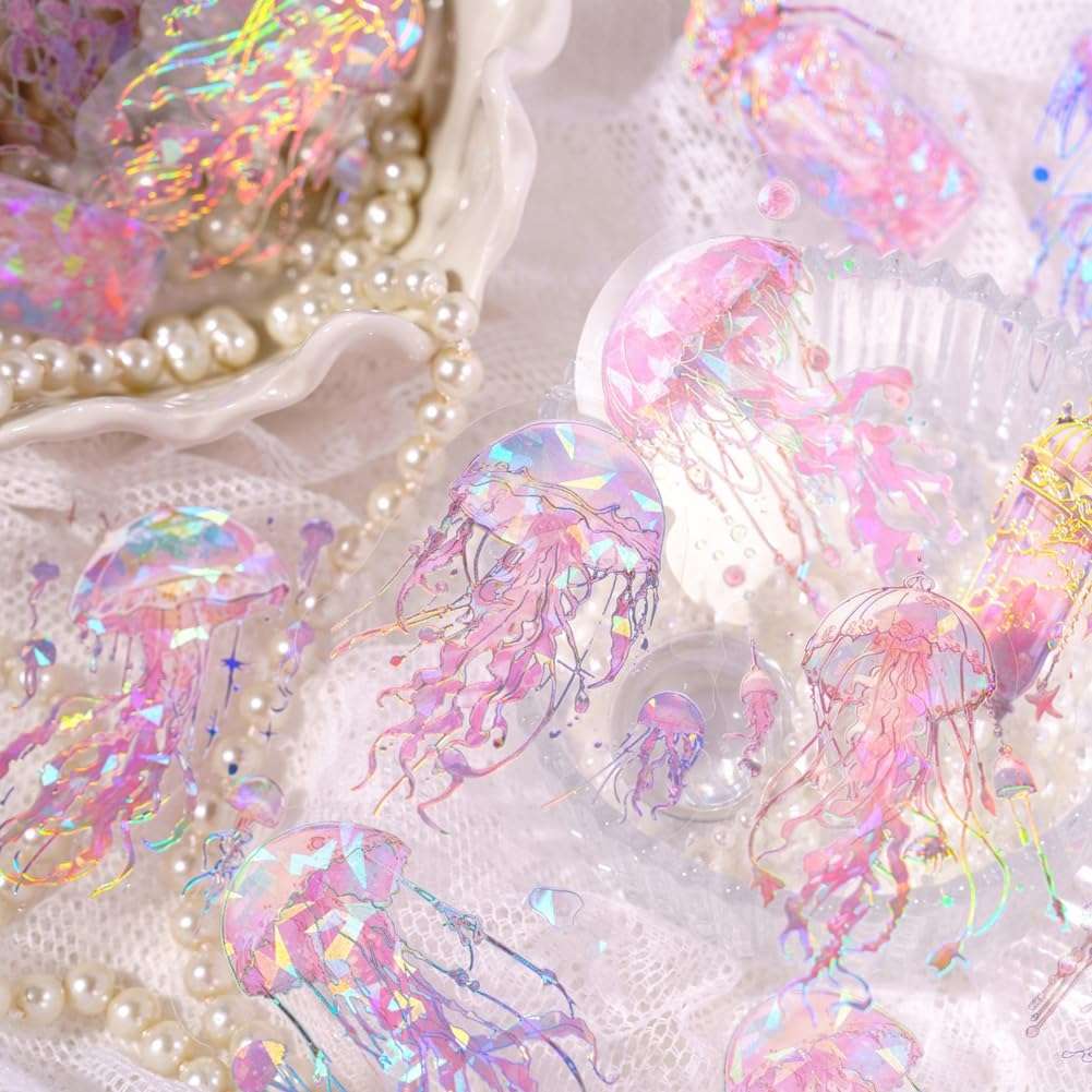 Obujopal 120 Pcs Holographic Glitter Jellyfish Stickers for Scrapbook Junk Journal Collage Water Bottle Planner Diary Phone Case Laptop Notebook Card Making Craft Decoration, 60 Patterns 4