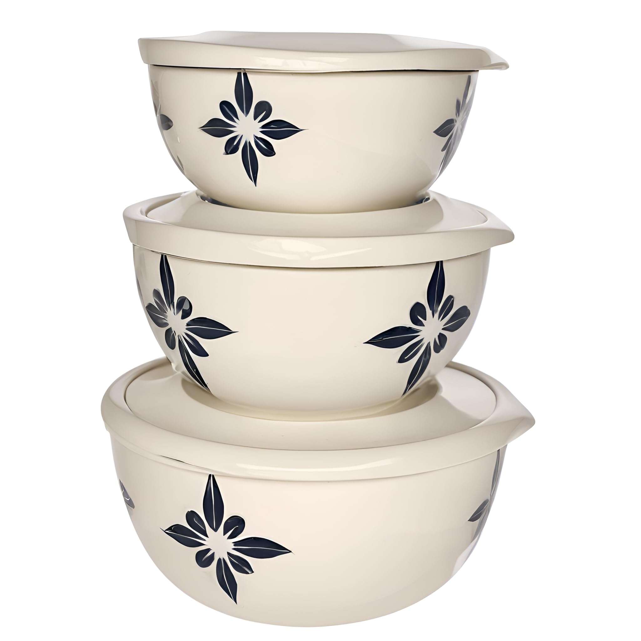 Zaib Stainless Steel Microwave Safe Euro Mixing Bowl Set with Lid | Pack of 3- Capacity (500ml, 800ml, 1250ml) | Snap-Fit Lid (Classic Ivory Star) (Classic Ivory) 1