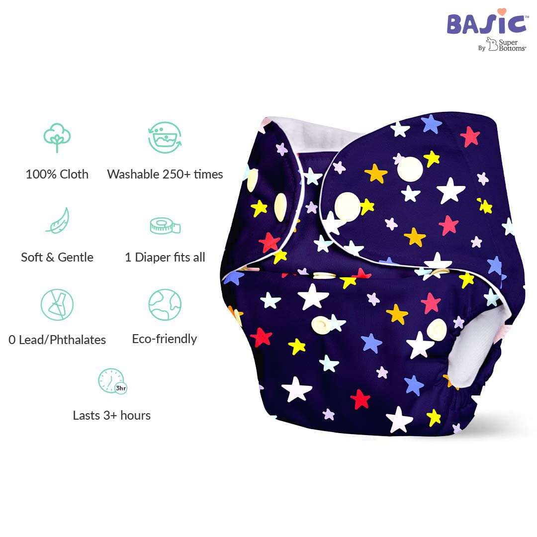 BASIC Pack of 4 Freesize Adjustable, Washable and Reusable Cloth Diaper for babies 0-3 Years | One Size Adjustable Diapers (Pack of 4 diapers+ 4 inserts) Assorted prints 4