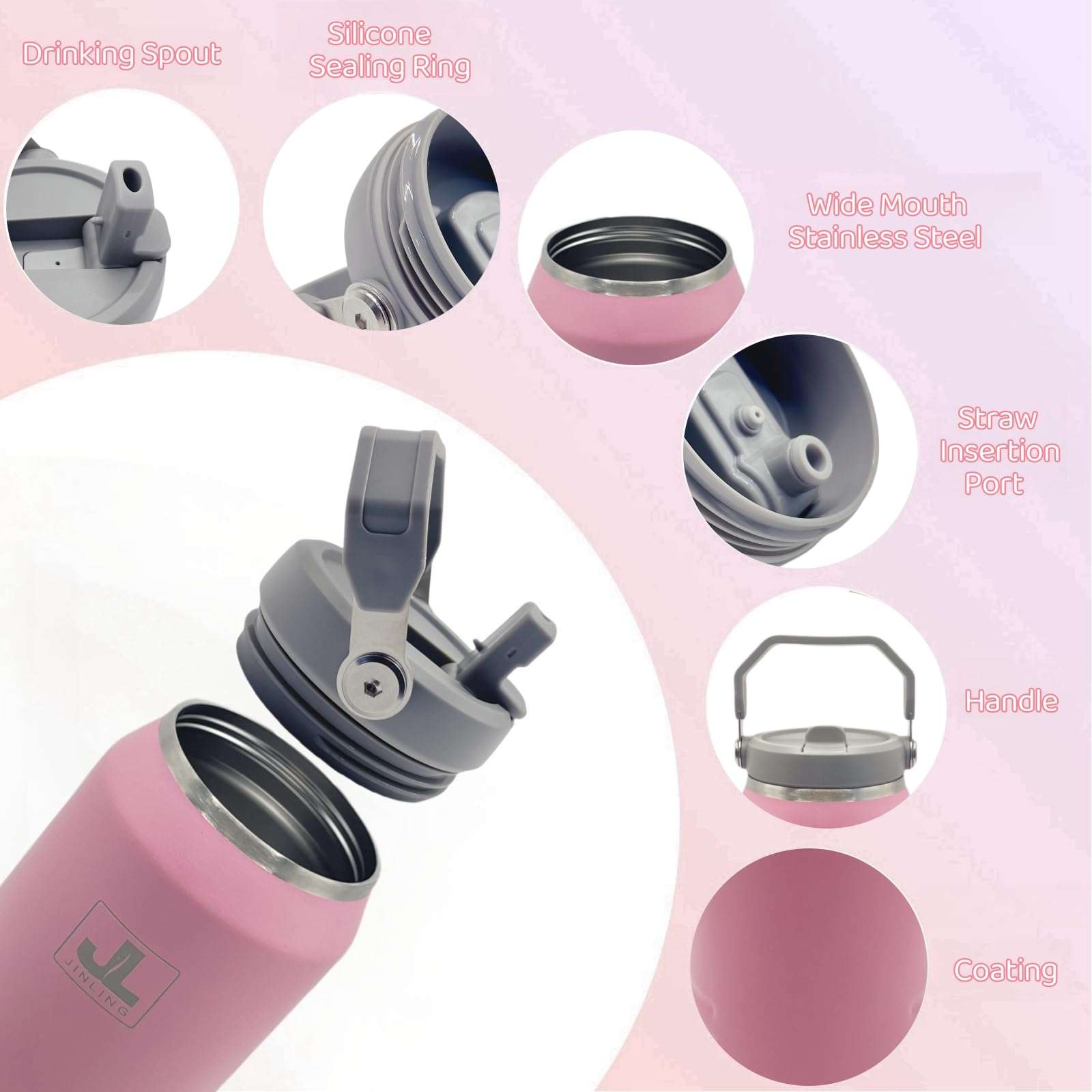 JINLING 56oz Insulated Water Bottle with Straw,Stainless Steel Flask for Sports and Travel,BPA-Free,Leak Proof Locking Lid,Double Wall,Wide Mouth (pink) 3