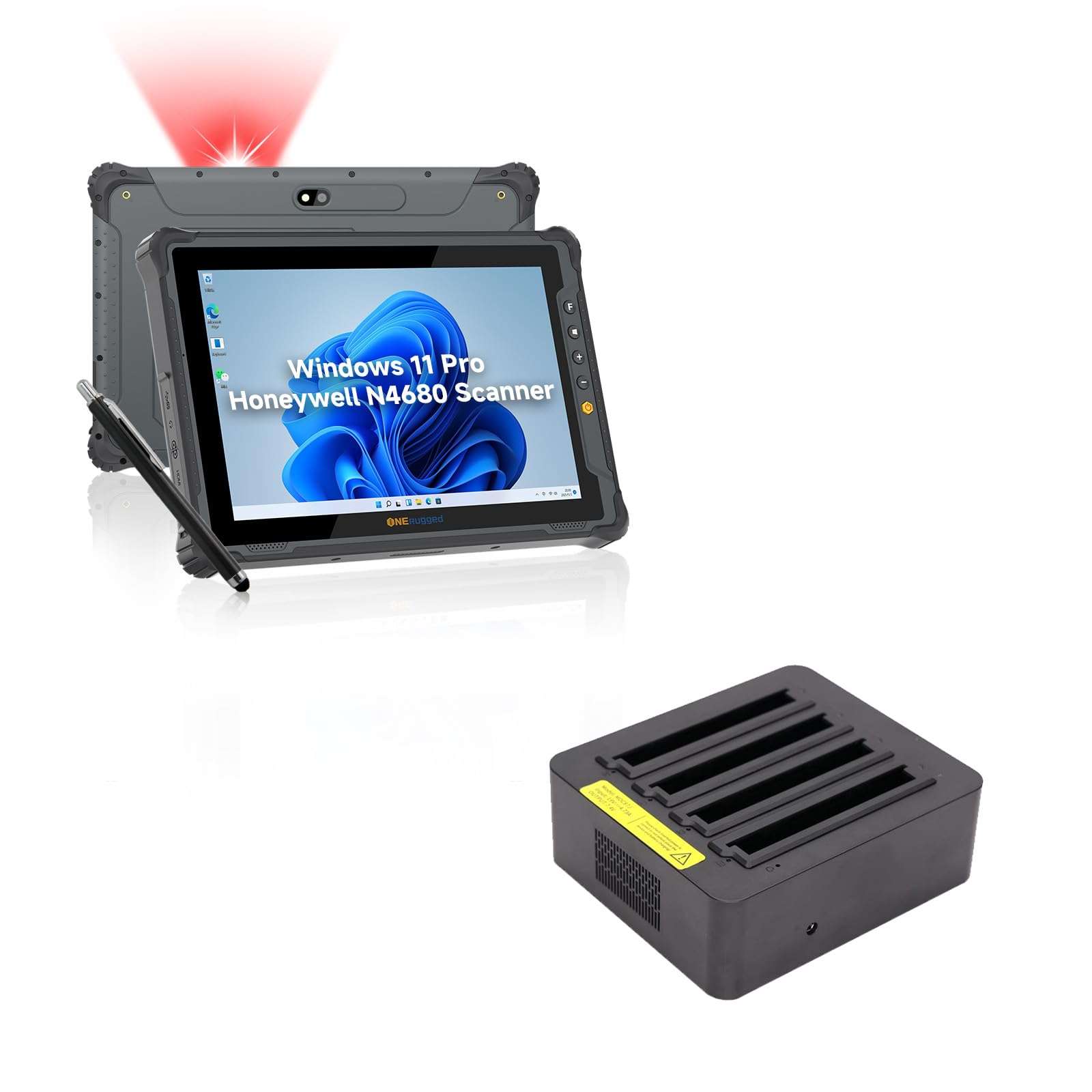 ONERugged Rugged Tablet with Barcode Scanner M10J, 10.1 inch Windows 11 Pro Enterprise Tablet w/Honeywell N4680 Scan Engine, 1D/2D QR Inventory Scanner, and Quad Charger 1