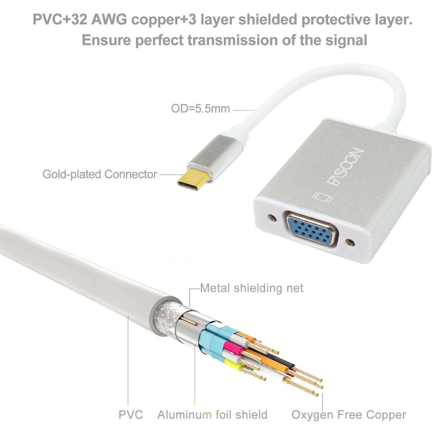 Ubersweet® Gold-Plated 1080p USB C to Vga Adapter, USB 3.1 Type C (Thunderbolt 3 Compatible) to Vga Adapter/Converter 2016 2017/ Pro/Chromebook Pixel/Galaxy S8/S8 Plus Etc (Silver) 5
