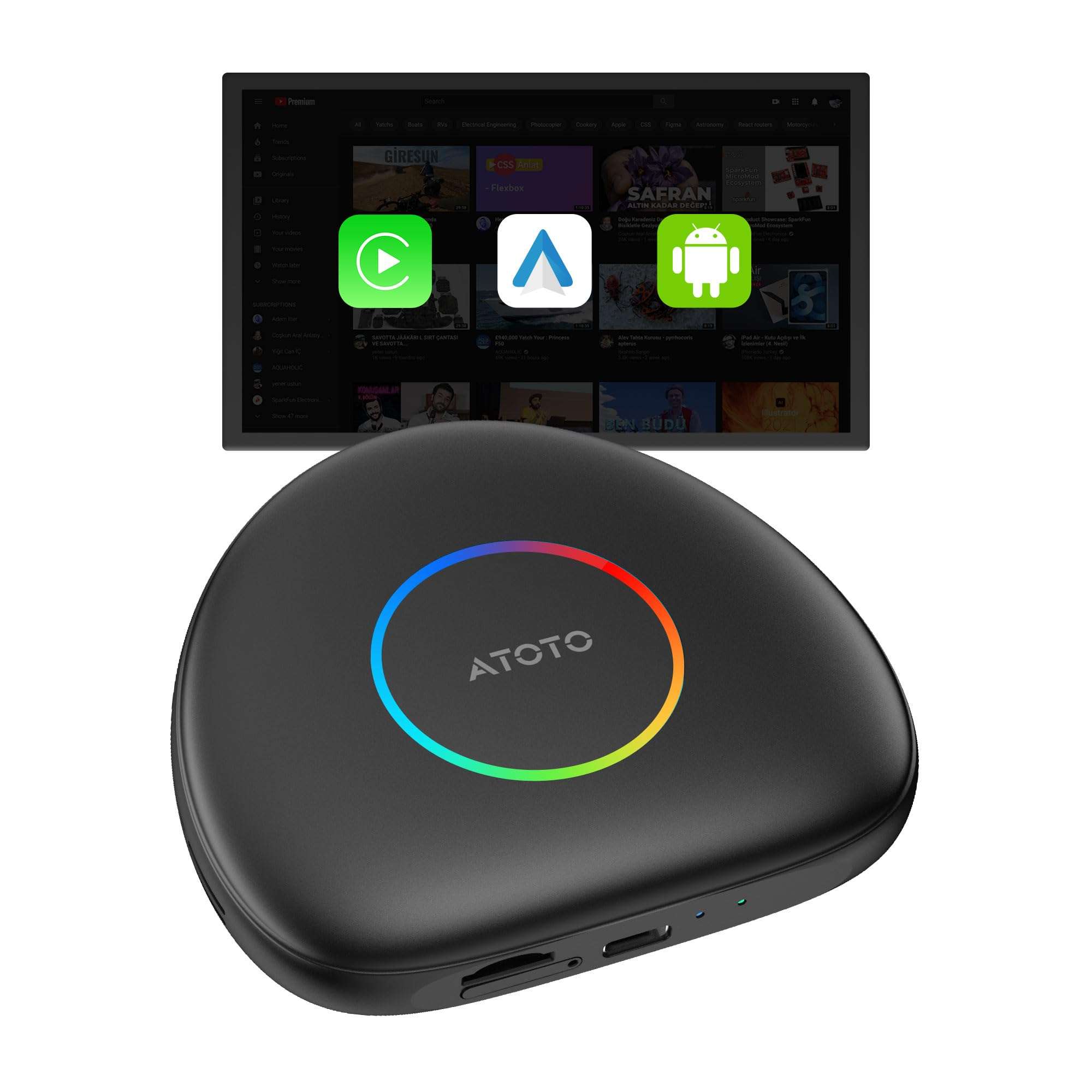 ATOTOLIFE CB6C AI Box CarPlay, Wireless CarPlay/AndroidAuto Adapter with YouTube, Car Video Box with AI Assistant, GPS Navigation, Android 13, 4G LTE, Expandable to 256GB, Watch Videos in Your Car 1
