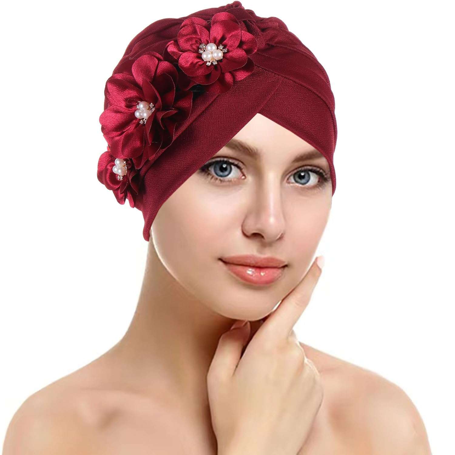 2 Pieces Womens Turban Three Flower Plicate Caps Vintage Beanie Headscarf Bonnet Elastic Headwrap Hat 5