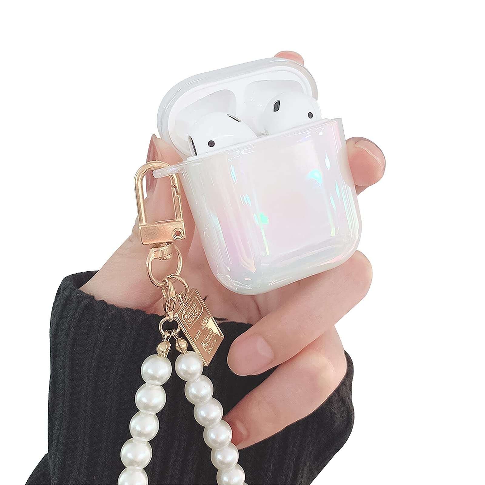 Ownest Compatible for AirPods Case with Pearl Keychain Bling Rainbow Glitter Cute Girls Boys Woman Case Hard PC Cover Case for Airpods 2 &1,Cute for Airpods-White 1