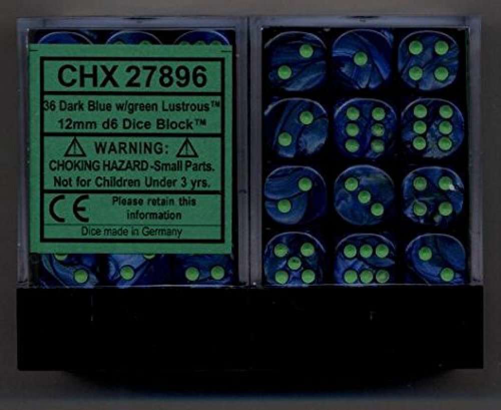 Chessex Dice d6 Sets: Lustrous Dark Blue with Green Pips - 12mm Six Sided Die (36) Block of Dice 1