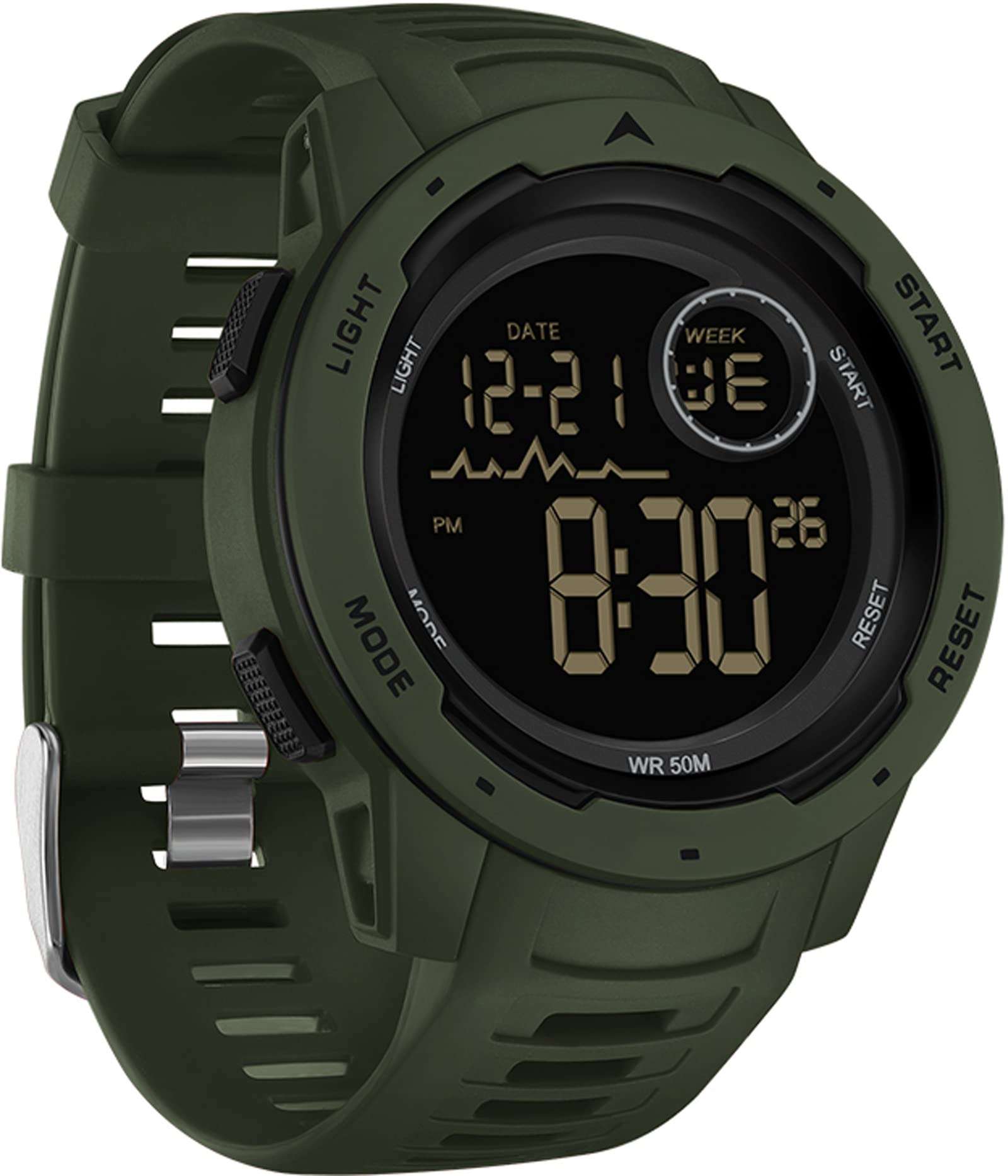 findtime Green Digital Watch Men Women Watches Running Swimming Waterproof Reloj para Hombre Mens Military Tactical Sports 5ATM LED Back Ligh/Alarm/Date/12/24H Stopwatch Outdoor Unisex