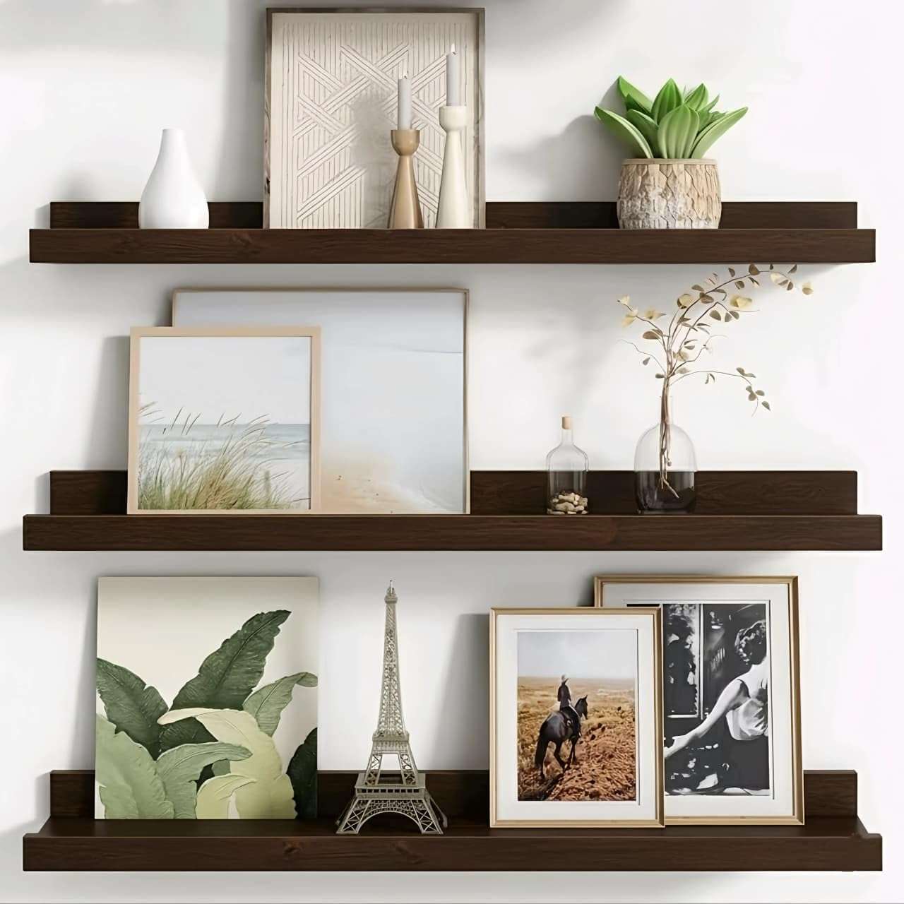 OXMIC Engineered Wood Floating Picture Ledge Shelves, Shelf for Bedroom, Wall Mounted Shelves, Wall Shelf, Wall Shelves for Living Room, Floating Shelf for Wall, 40.6 x 12.7 cm, Set of 3, Dark Brown 1