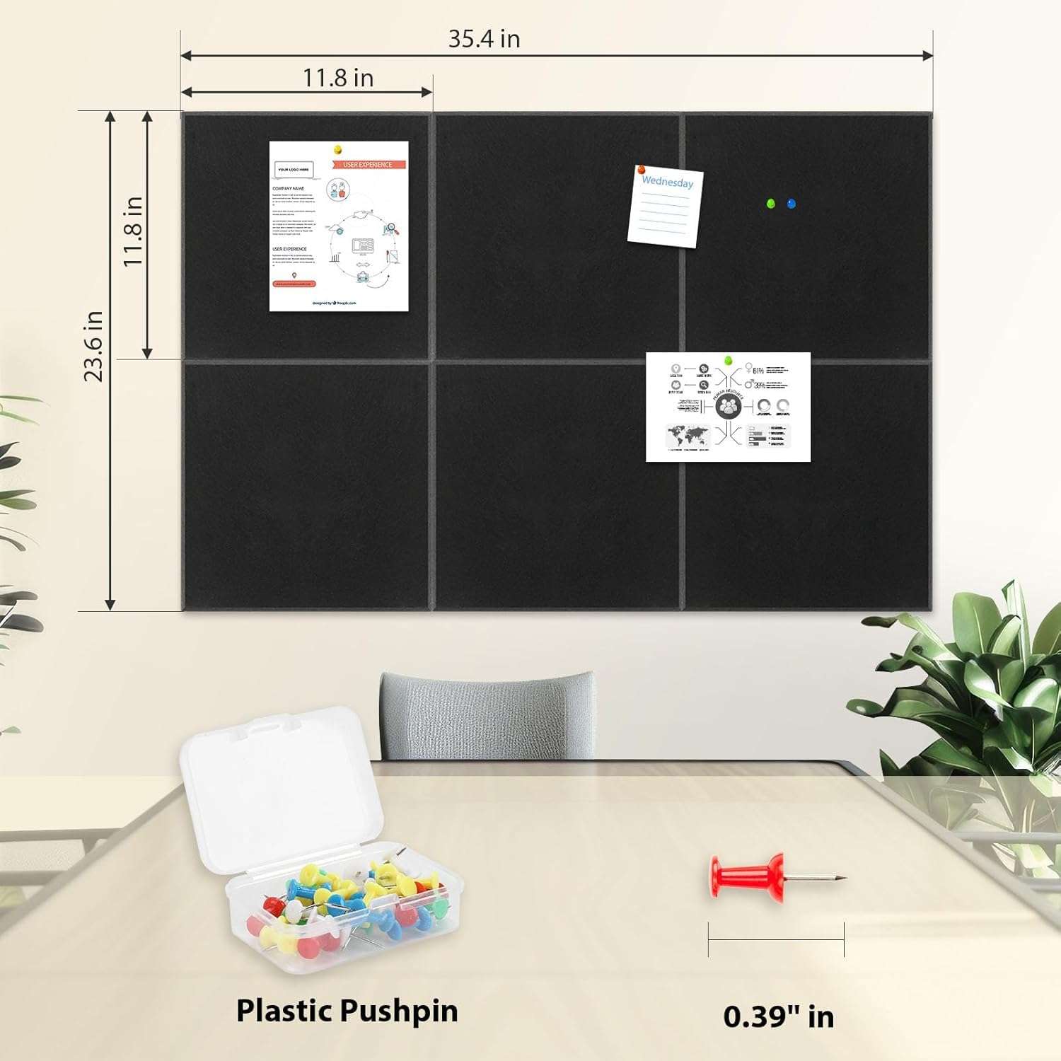 Fennec Mart Large Felt Bulletin Board 30x30cm Self-Adhesive Message Boards with 50 Pushpins, Decorative Felt Wall Tiles for Home, Office & School Notice Display (Black 4 Pcs) 4