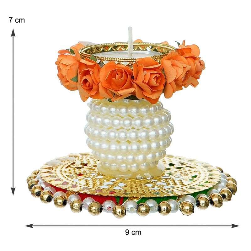 Divyakosh Multicolour Pearl Decoration Candle Holders/Rangoli Tealights for Puja Decor|Tealights, Lotus Diya for Pooja, Festival Decor|Lotus Deepam (Orange 10), Diya for puja 5