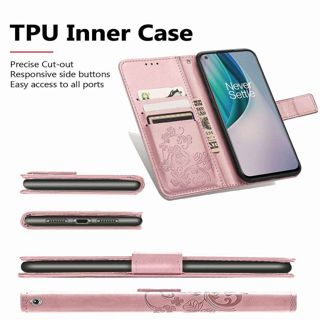 SATURCASE Case for OnePlus Nord N10 5G, Lucky Clover PU Leather Flip Magnet Wallet Stand Card Slots Protective Cover with Hand Strap for OnePlus Nord N10 5G (Rose Gold) 6