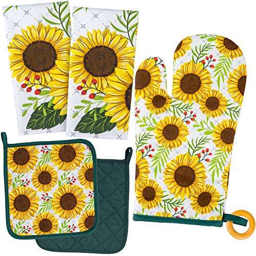 KOALAND Cute Sunflower Kitchen Towels 5 Piece Linen Set, 2 Oversized Tea Towels 2 Pot Holders 1 Oven Mitt, 100-percent Cotton Sunflower Decorative Dish Towels, Floral Pot Holders, Sunflowers Decor 1