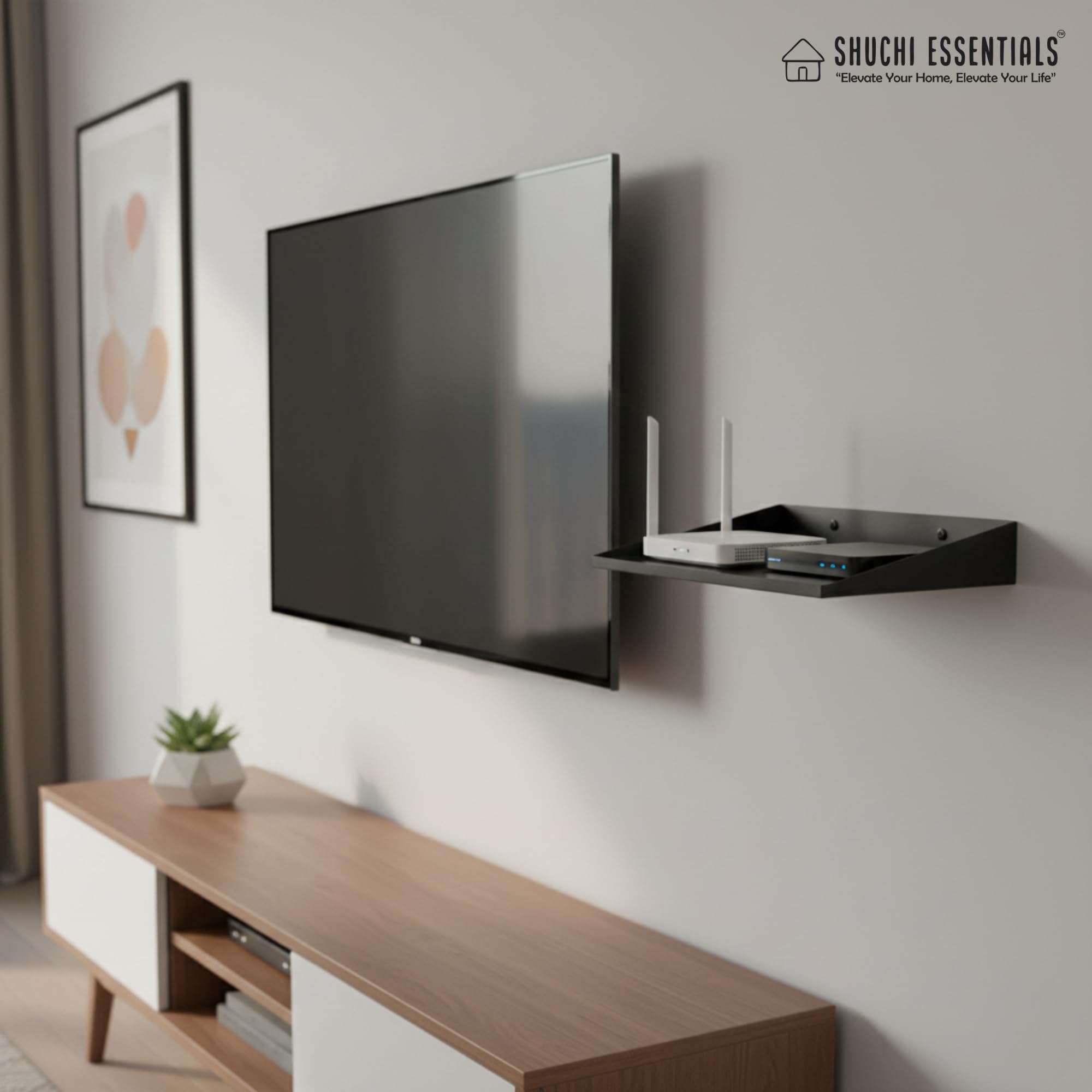 SHUCHI ESSENTIALS Heavy-Duty Wall-Mount Metal Shelf 12x10 – Floating Shelf for Projector, Router, TV Setup Box | Matte Black Organizer for Kitchen, Bathroom & Home Decor 3