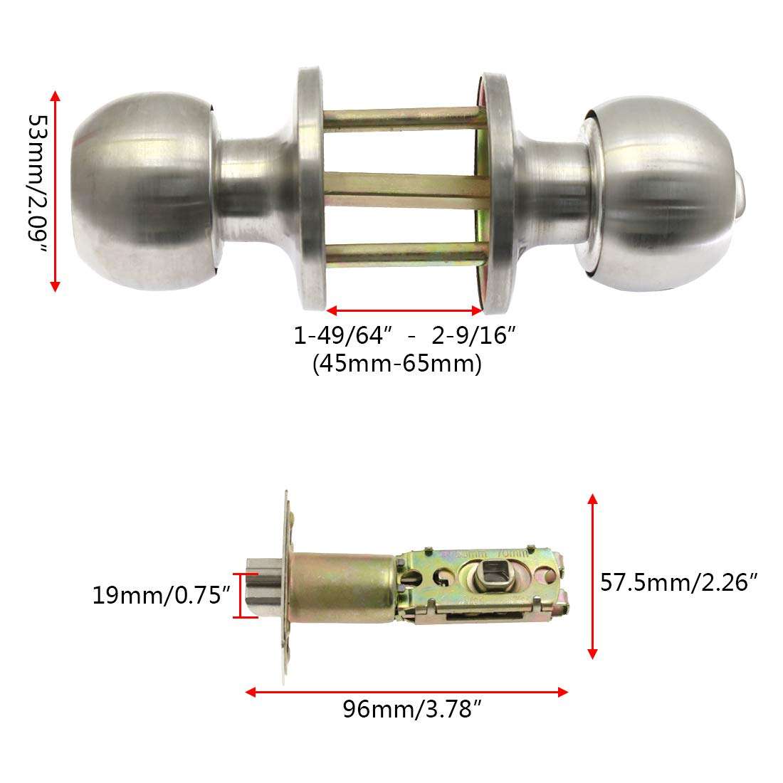 BTMB Ball Shaped Door Knobs Entry Door Knobs Lock Stainless Steel Keyed Entry Door Lock with 2 Keys(For doors thicknes:1-49/64 inch to 2-9/16 inch/45mm to 65mm)-1pc 3