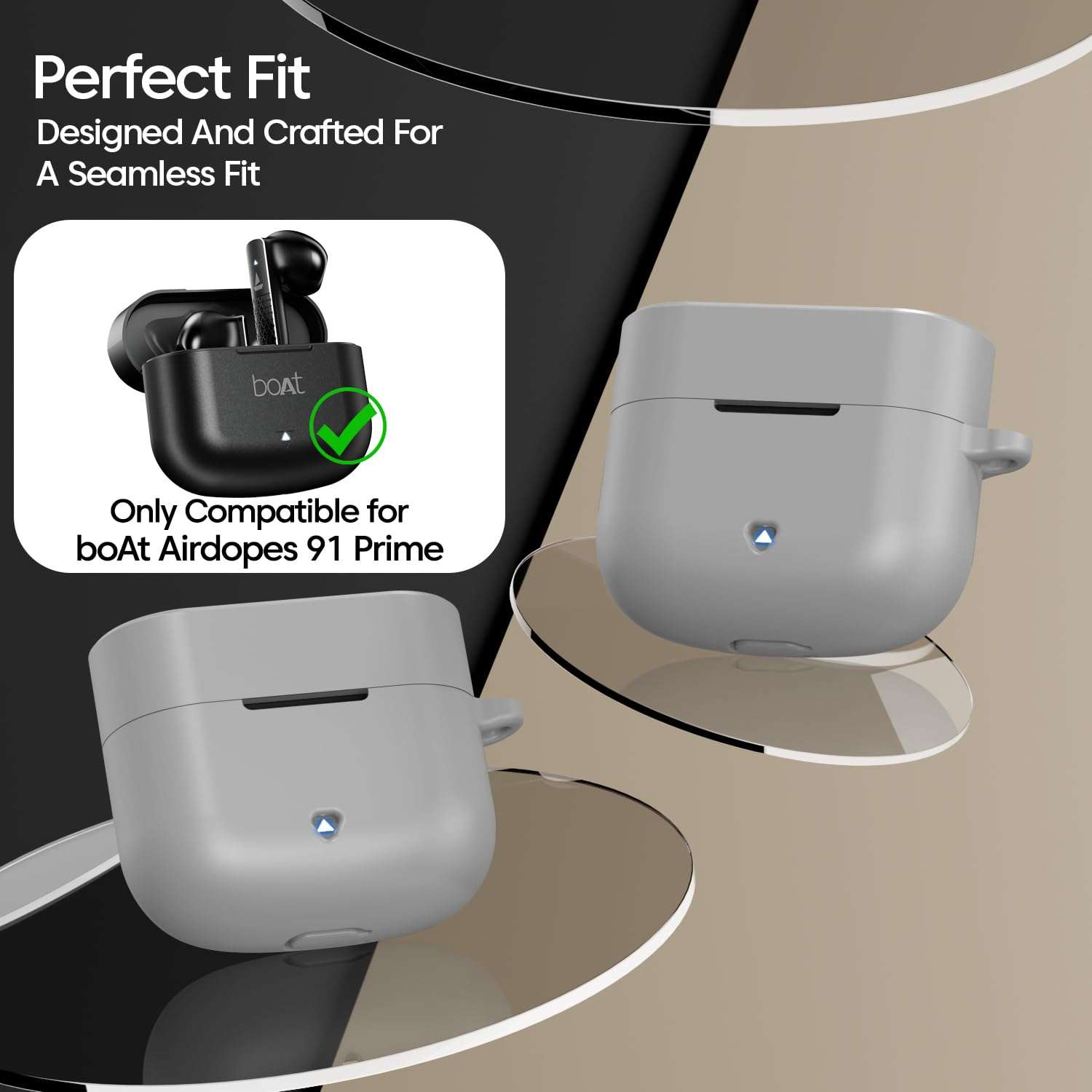 Sounce Silicone Case Cover for Boat Airdopes 91 Prime, Soft Protective Shockproof Shell with Anti-Loss Keychain Clip, Dustproof and Scratch-Resistant Design, Secure Fit with Protection – Grey 4