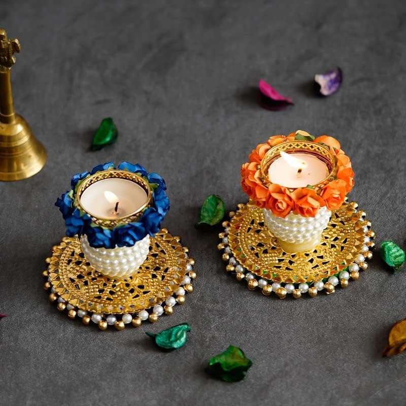 Divyakosh Multicolour Pearl Decoration Candle Holders/Rangoli Tealights for Puja Decor|Tealights, Lotus Diya for Pooja, Festival Decor|Lotus Deepam (Orange 10), Diya for puja 1