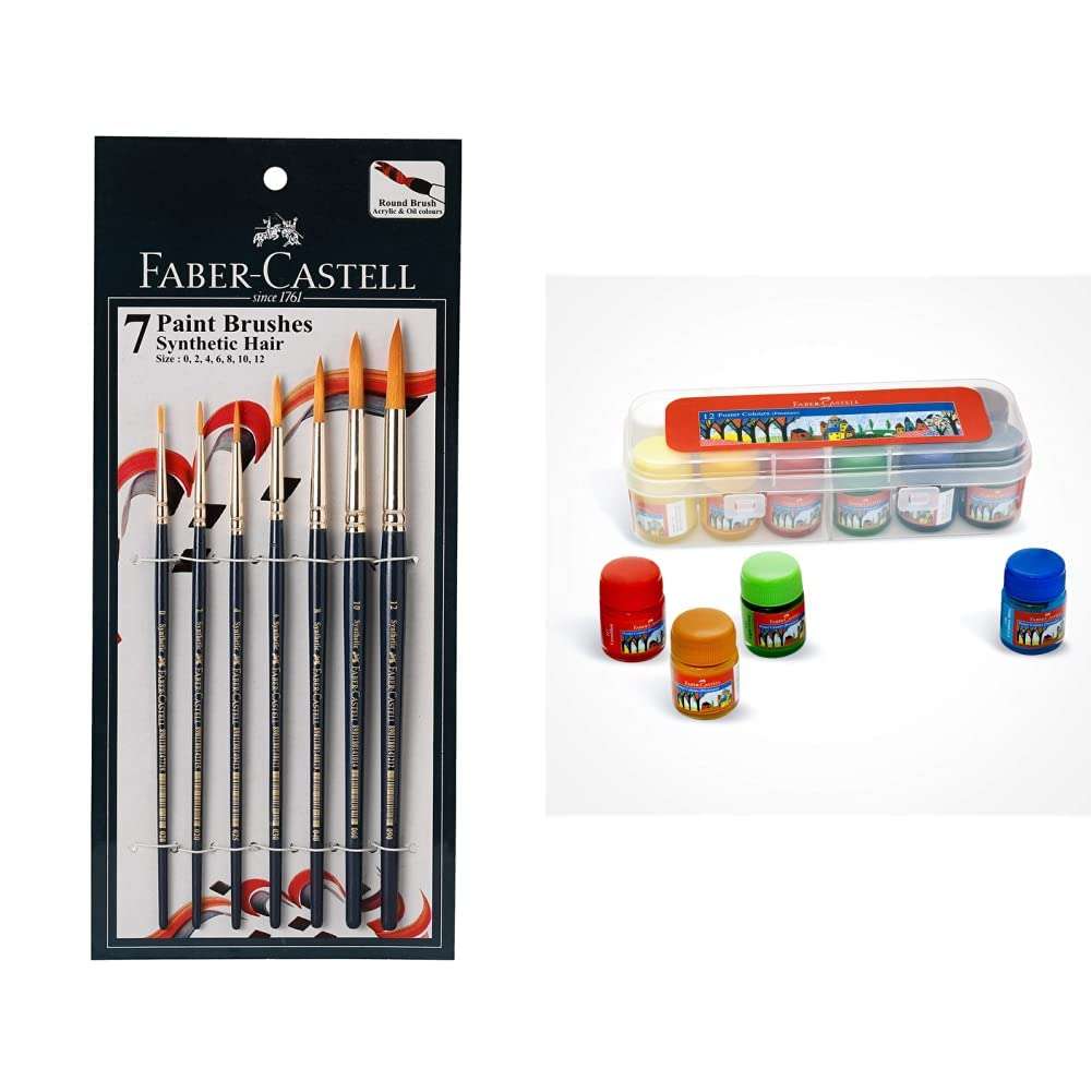 Faber-Castell Paint Brush Set - Round, Pack of 7 (Navy Blue) & Faber-Castell Poster Color Tin Box - Pack of 12 (Assorted) 1