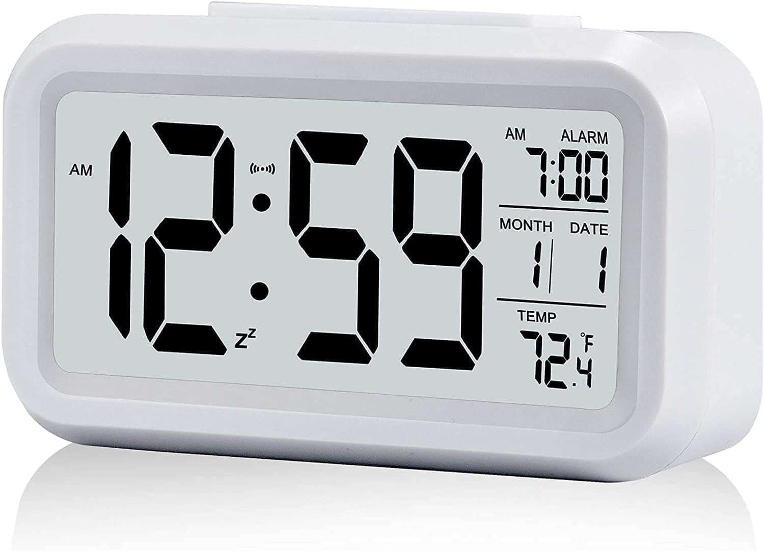 Reacher White Digital Alarm Clock Table Clock for Students, Home, Office, Corporate with Automatic Sensor, Date & Temperature