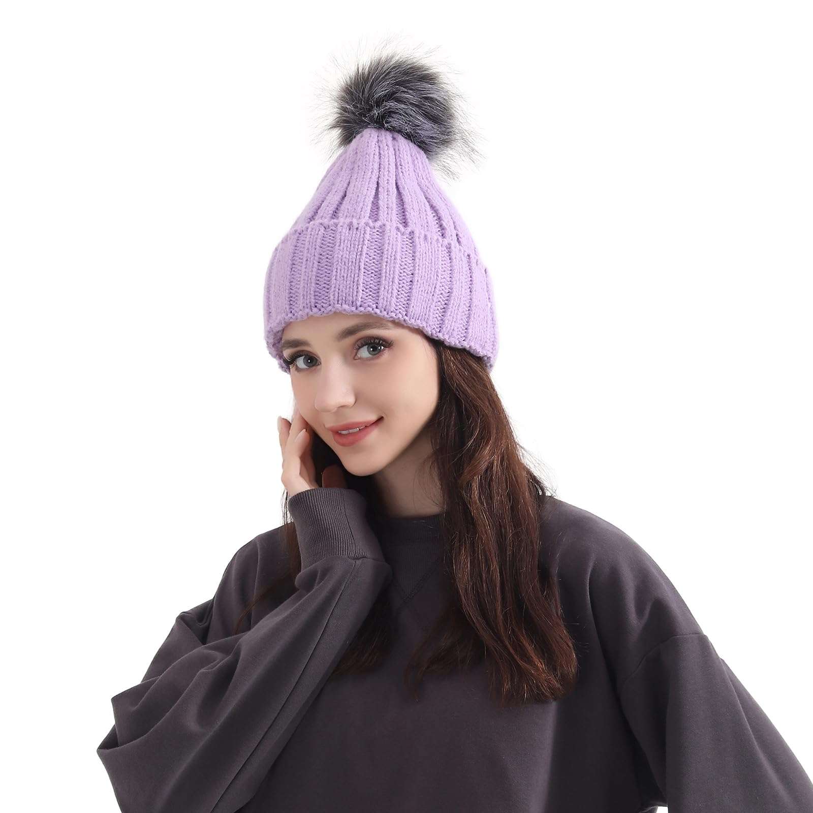 Winter Wear Lined Purple Beanie for Women Warm Winter Hats Cap for Womens Girl Soft Pom Pom Hat, Birthday for Women. (Purple) 5