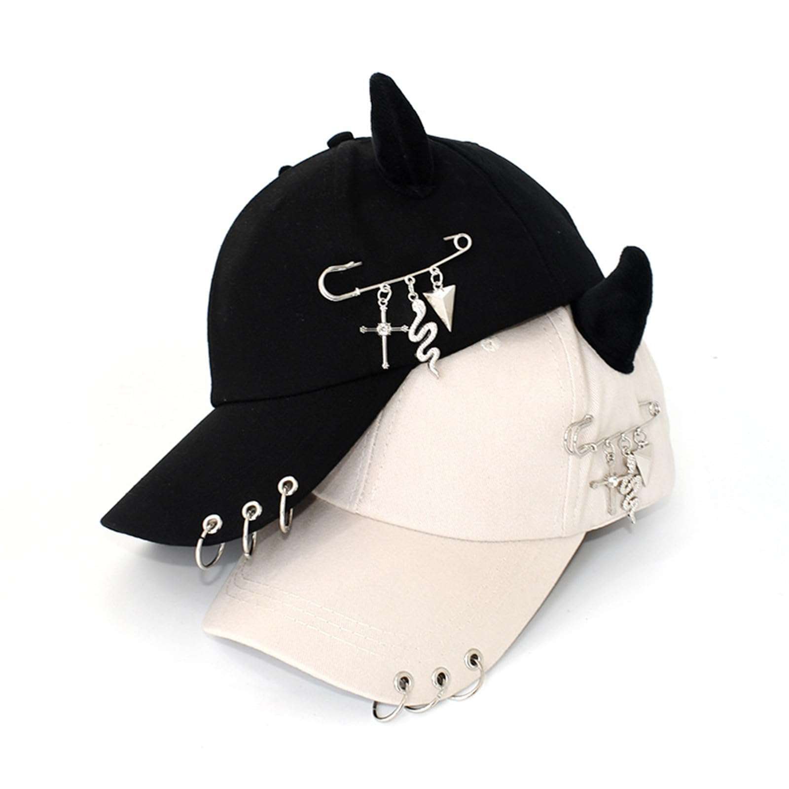 jojnsha Stylish Black Chain Cotton Baseball Caps with Metal Iron Rings Adjustable Strap Breathable Unisex Hip Hop Caps Hat, pin snake beige, 20*15*2cm 5