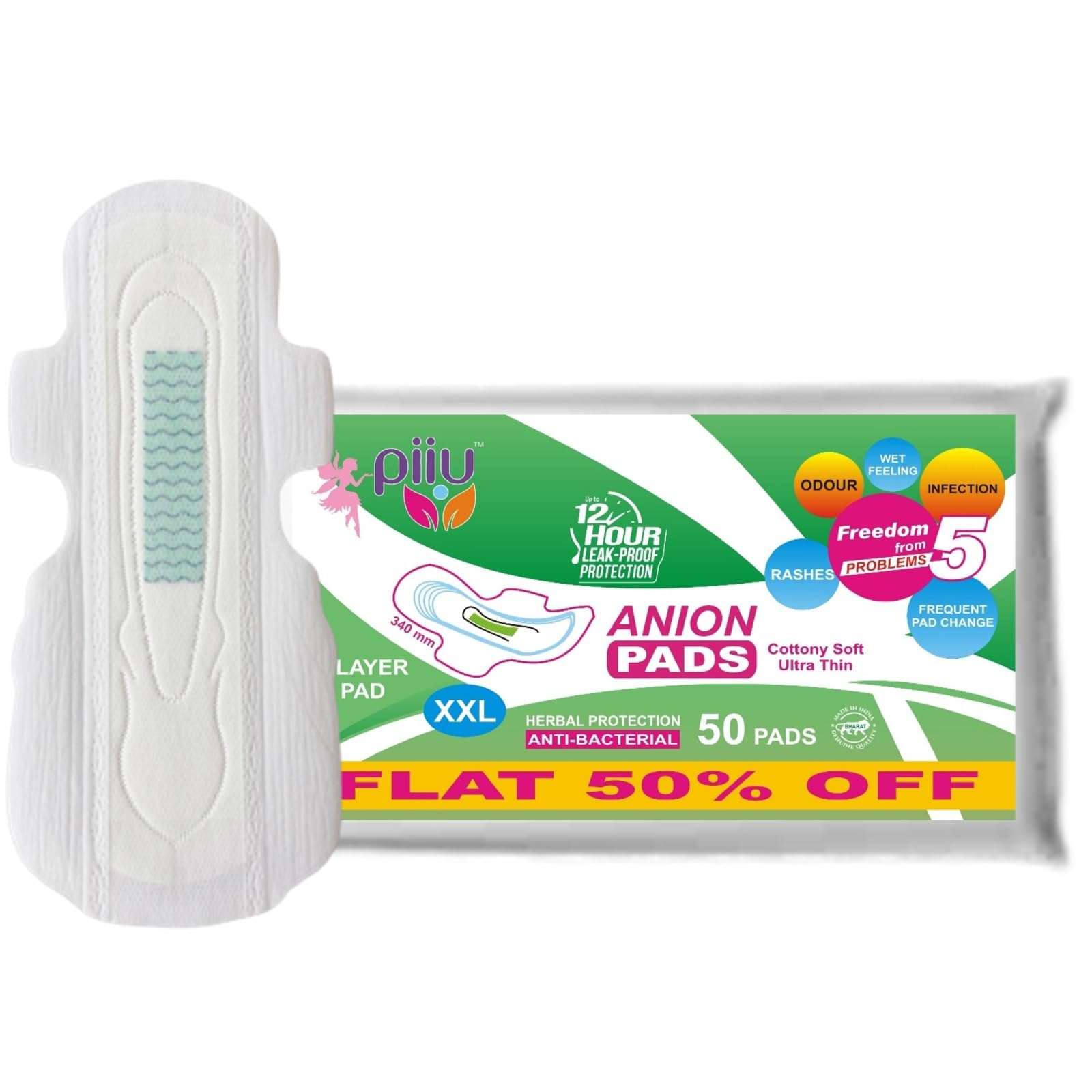 Piiu Cottony Soft Rash Free Ultra Thin Anion Sanitary Pads XXL (340mm) | Dermatologically tested |99.99% germ protection, 50 Pads (Pack of 2) 3