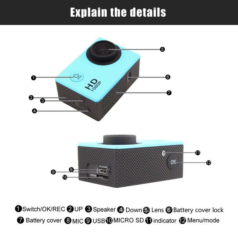 Tongmao Original SJ4000 Sport Action Camera 1080P 12MP HD Waterproof DV Camcorder 170°Wide Angle 2-inch LCD Screen 1050mAh Rechargeable Battery 11 Free Installation Accessories Kit (Blue) 2