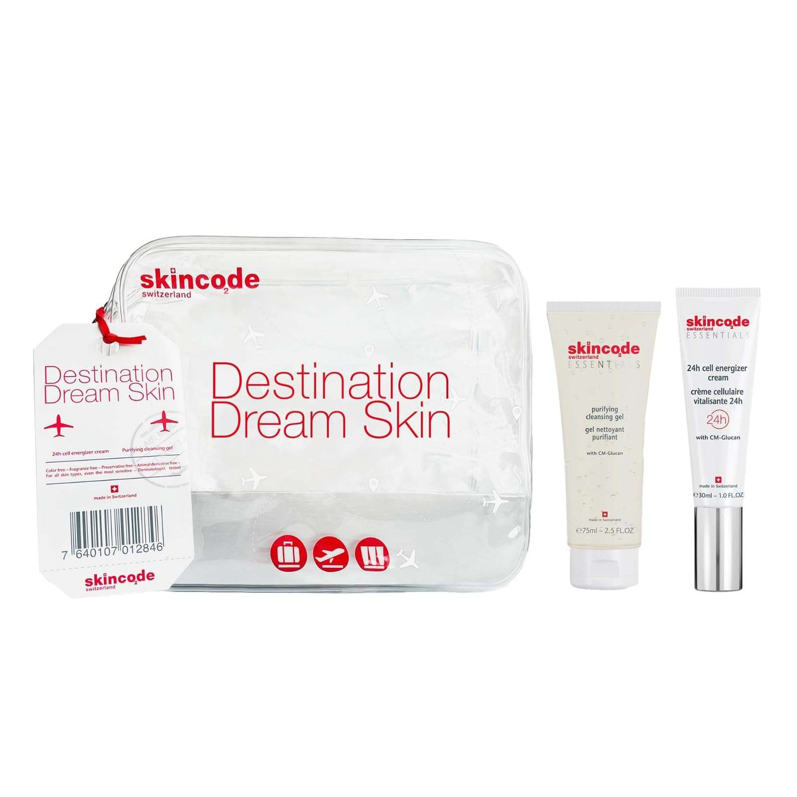 Skincode Destination Dream Skin Care Set | Purifying Cleansing Gel 75ml & 24h Cell Energizer Cream 30ml | Travel Essentials for Women | CM-Glucan, Pro-Vitamin B5 | Skincare Gift Set & Face Moisturizer 1