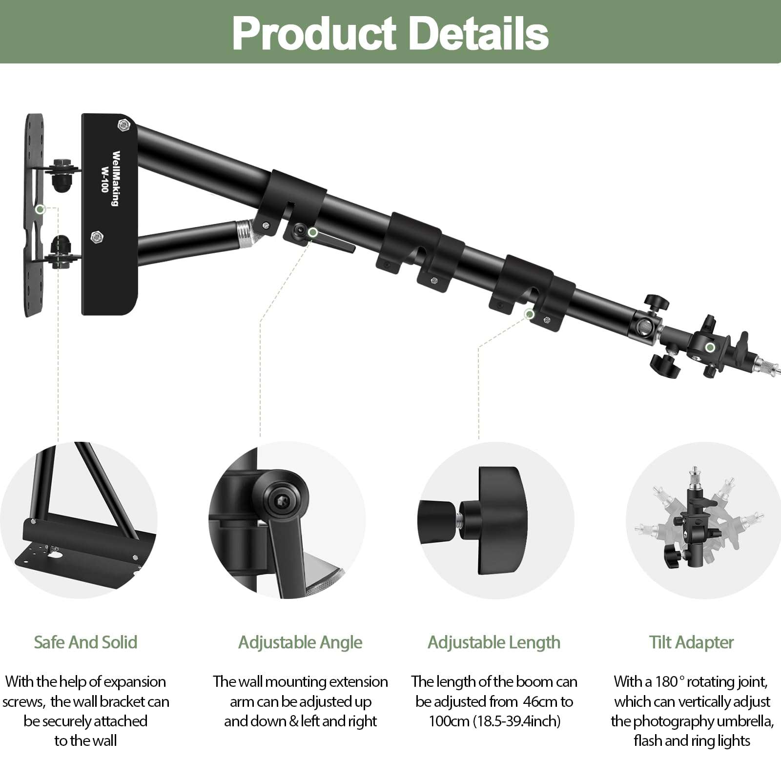 Wellmaking Wall Mount Triangle Boom Arm 39.37inch/100cm, Ring Light Mount Support 180°Flexible Rotation Comes with Tilt Swivel Mount for Studio Video Light, Monolight, Photography, Softbox, Reflector 4