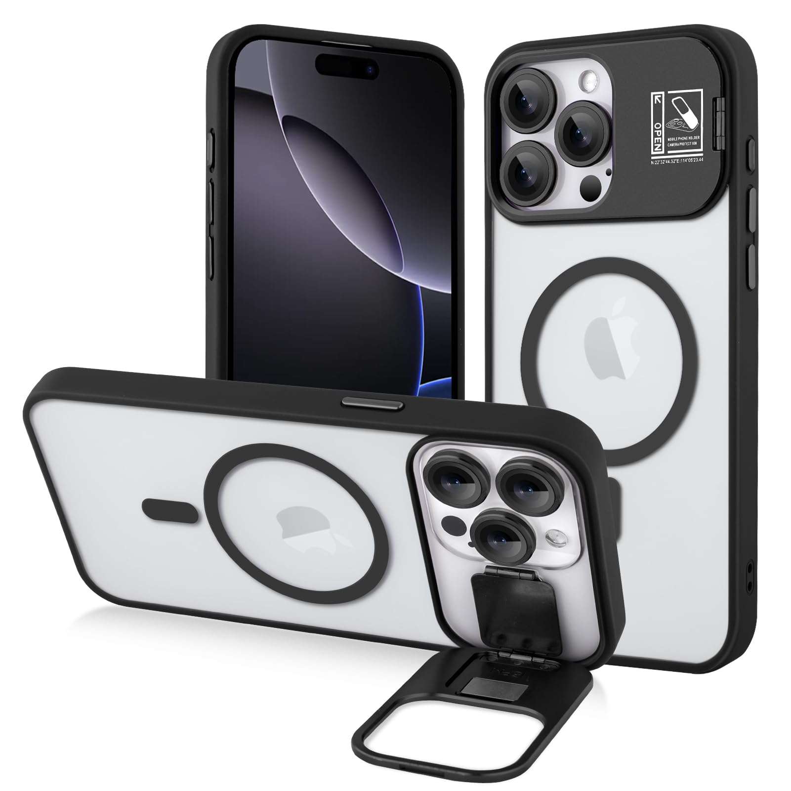 TEAUGHT Magnetic for iPhone 16 Pro Max Case, [Built-in Lens Ring Stand][Military-Grade Protection] Translucent Matte Phone Case Support for MagSafe + Screen Protector + Camera Protector, Black