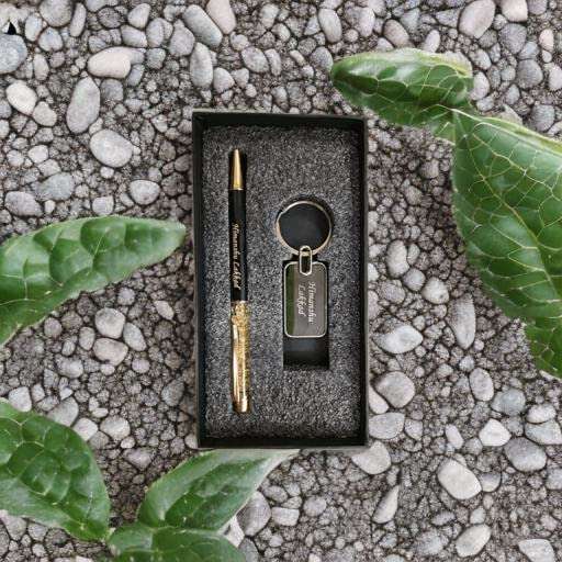 Tempt - Personalized Pen & Keychain with Name Engraved with Golden Flakes In Pen, Best for Gifting on Valentine, Christmas 2