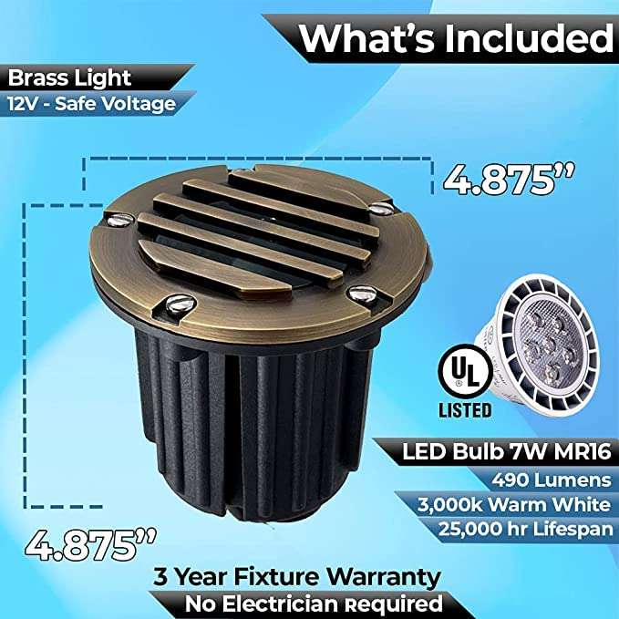 LED Low Voltage Landscape Lighting Well Lights 112 - Solid Brass In Ground Lights for Outside, Long Lasting Garden 12 Volt Landscape Lighting with MR16 7W LED Bulb, Ground Spake & Connectors (4 Pack) 5