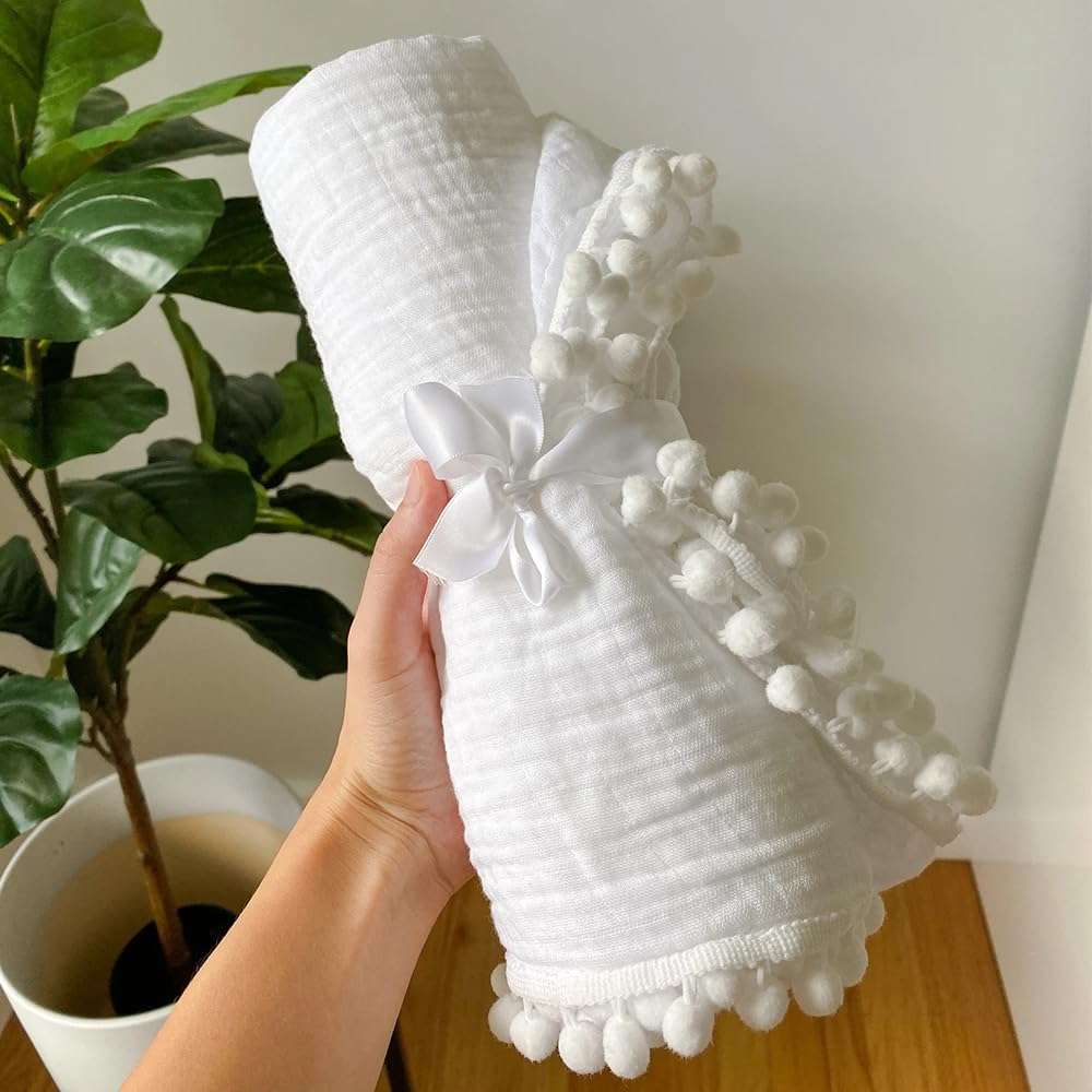 Bird Wing | White Swaddle Muslin Blanket with Pom Pom All Around,Newborn Baby Wrap, Cute Pom Pom Blanket for Infants. | Size : 100 X 120 CM (40x47 Inch) Pack of 1 3