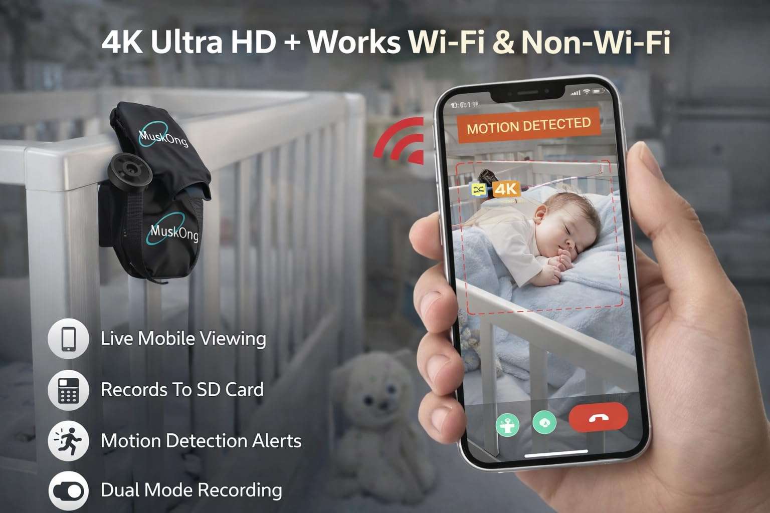 MuskOng 4K Mini WiFi Security Camera | Button Style Indoor Camera | Works with & Without WiFi | Motion Detection | SD Card Support up to 128GB | Mobile App View 5