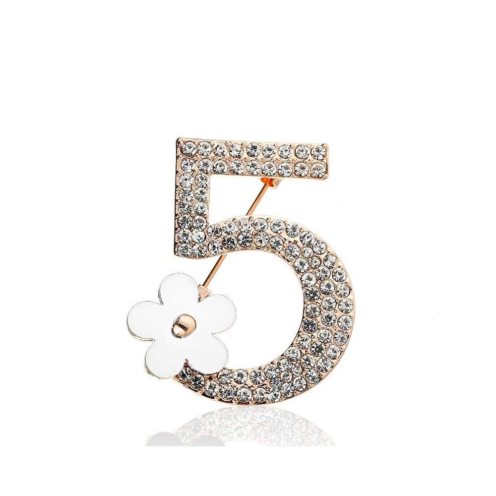 WLLAY Bling Crystal Lucky Number 5 with Charm Black Flower Brooch Pin Clothes Lapel Pin Breast pin (rose gold-tone-white) 1