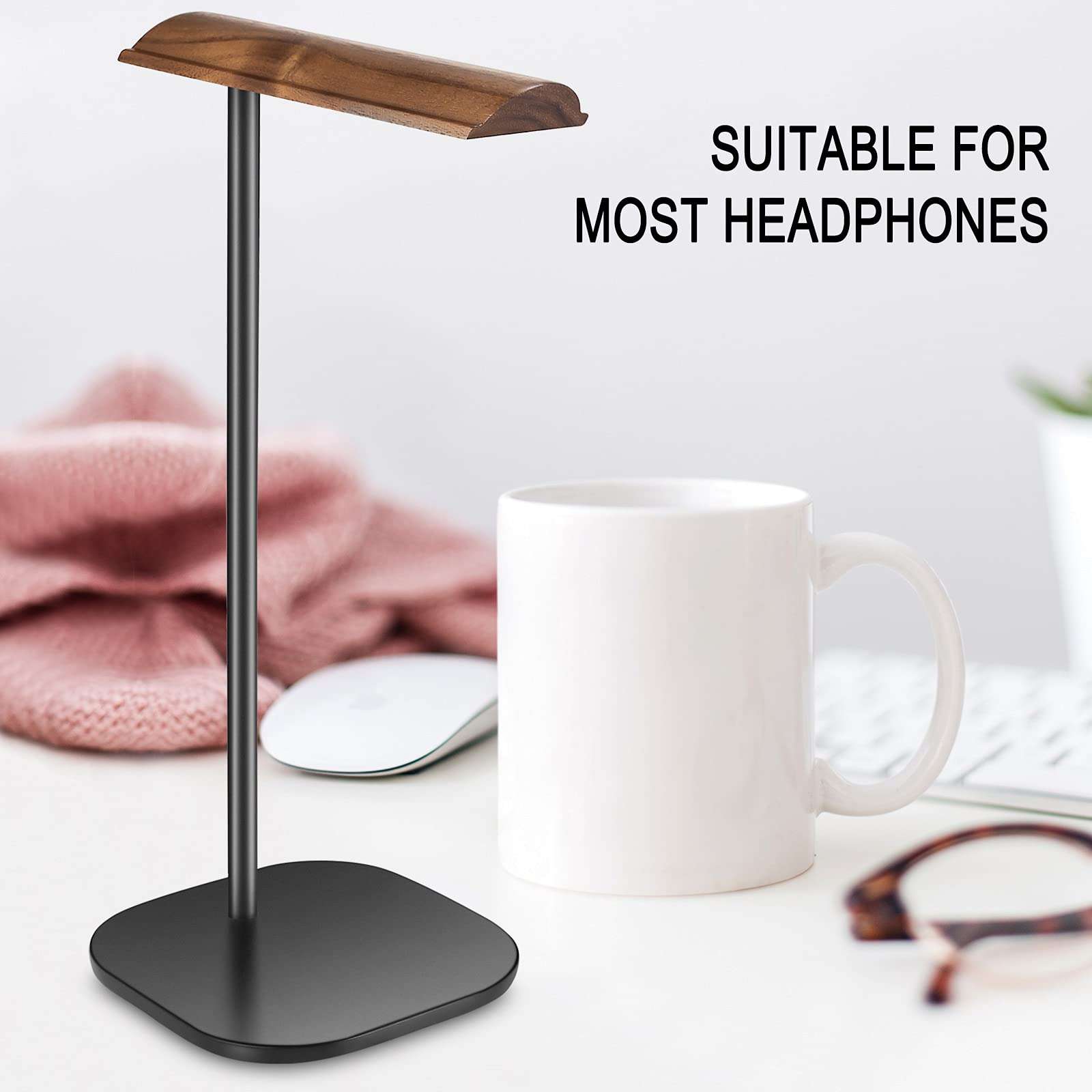 G GVOEARS Headphone Stand, Walnut Wood Headset Stands, Support Dual Headphones Suspension & Aluminum Alloy Support Rod Hanger, Dual Headphones Stand,Headset Holder 5