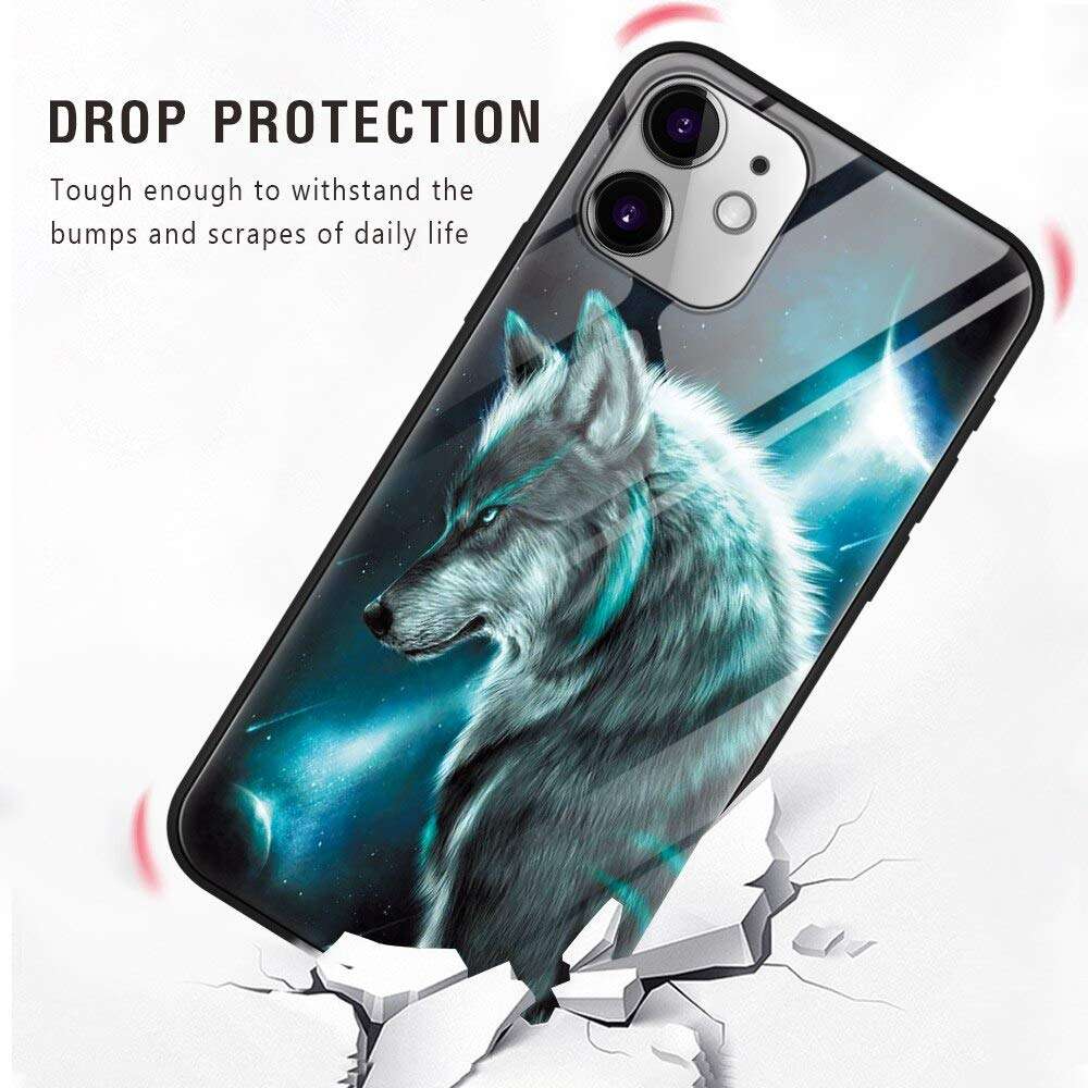Eouine for Apple iPhone 11 Case, [Anti-Scratch] Shockproof Patterned Tempered Glass Back Cover Case with Soft Silicone Bumper Skin for Apple iPhone11 Smartphone (Wolf 2) 4