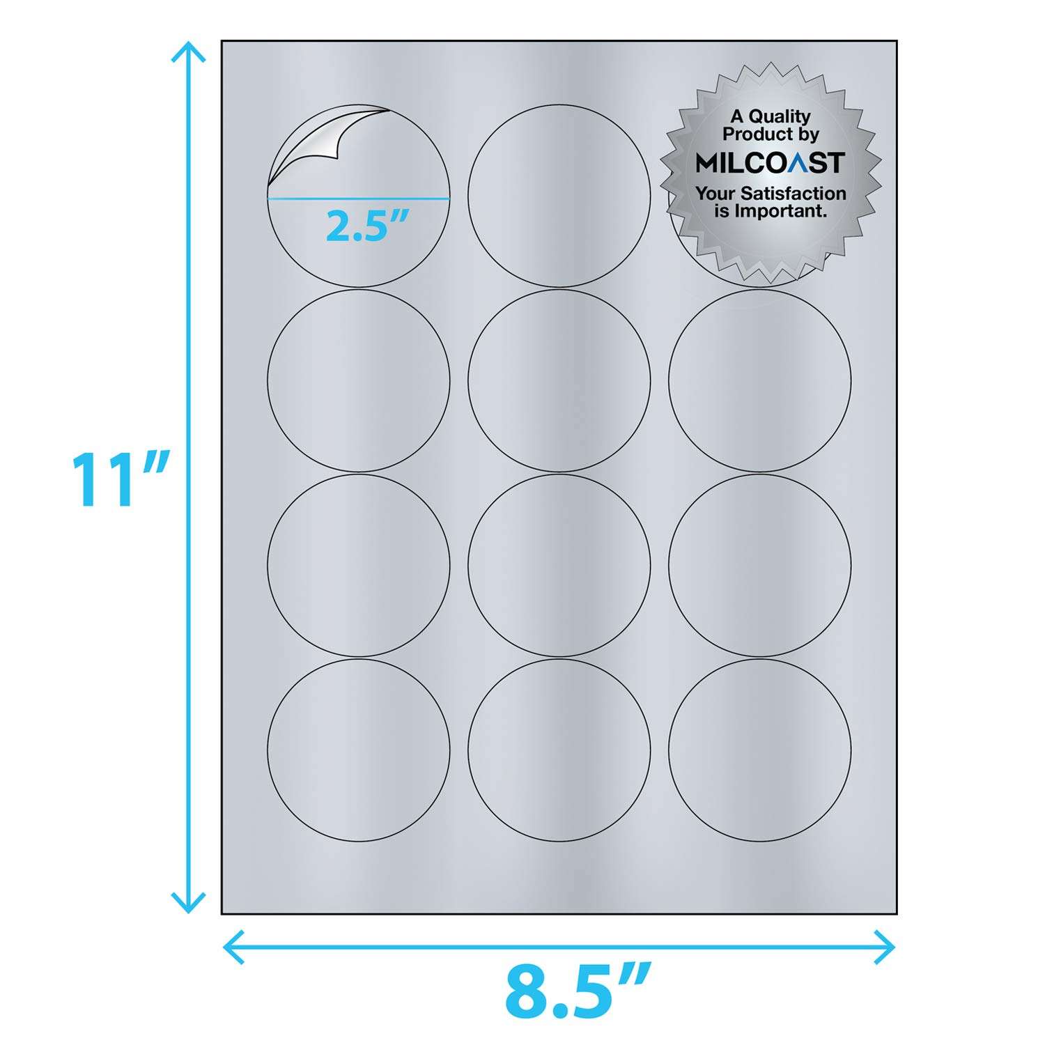 Milcoast Silver Foil Glossy Waterproof Tear Resistant Blank Adhesive 2.5" Round Circle Shaped Labels - for Inkjet/Laser Printers - 240 Labels (20 Sheets) 2