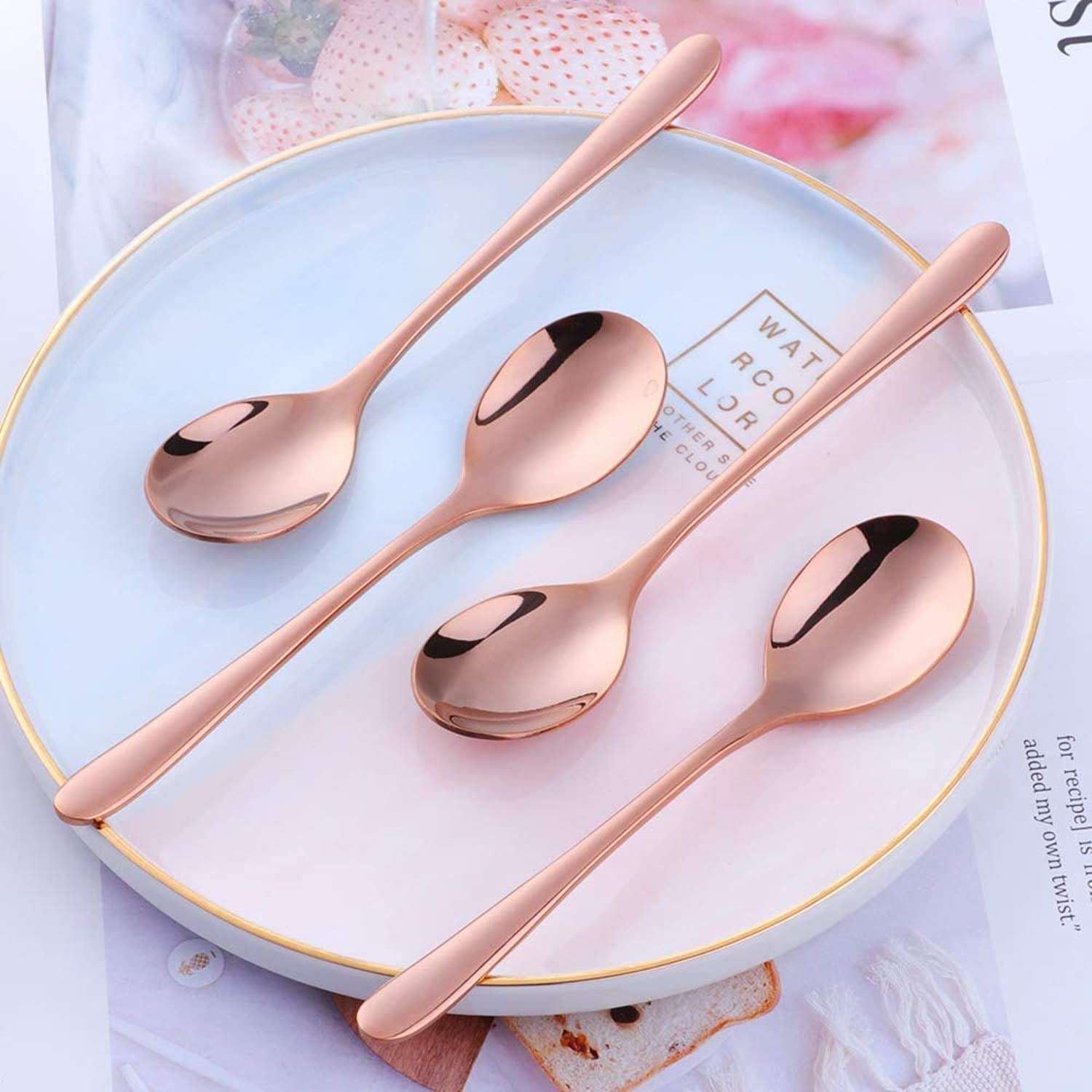 pepplo® Rose Gold Soup Spoons, Stainless Steel Round Spoons with Rose Gold Titanium Plating, Rose Gold Dinner Spoon Table Spoon, Spoons Silverware Dishwasher Safe (Set of 6) 5