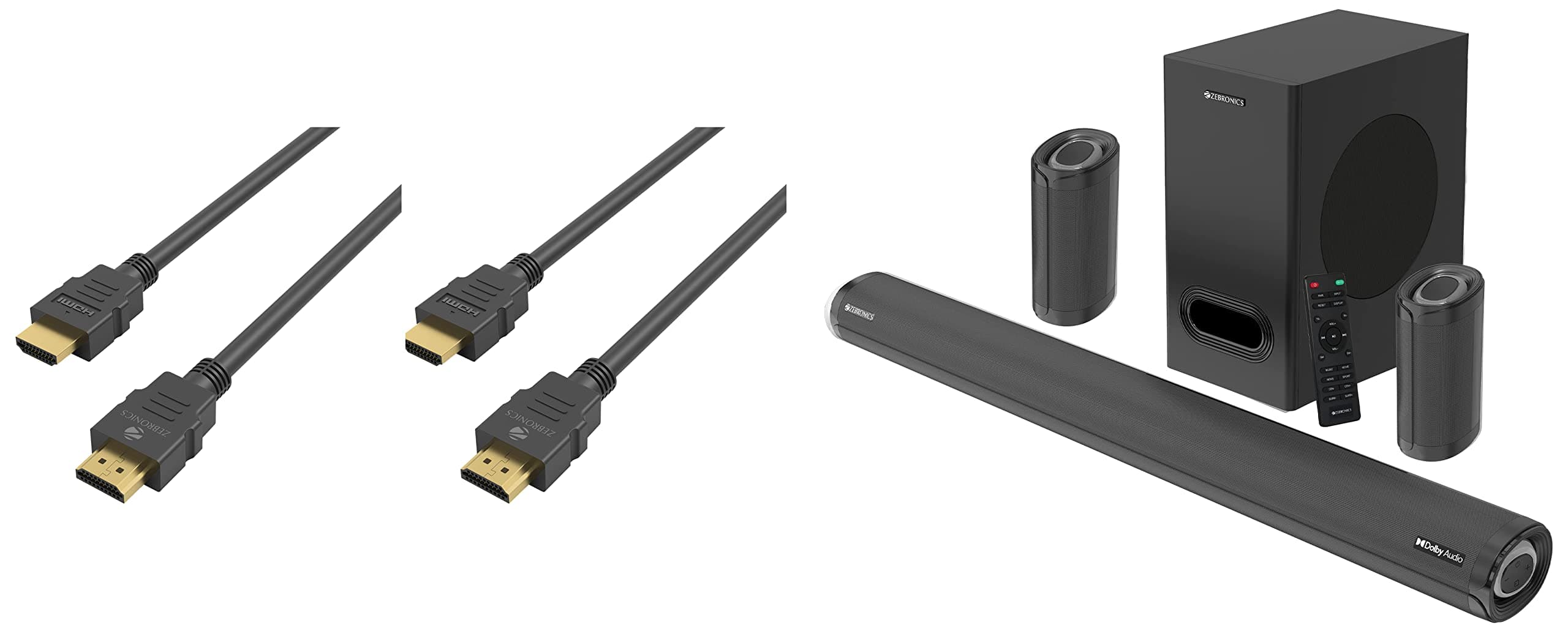 ZEBRONICS Zeb-Juke BAR 9500WS PRO Dolby 5.1 soundbar & Zeb-HAA3020 HDMI Cable Supports 3D, ARC & CEC Extension & Zeb-HAA5020 HDMI Cable Supports 3D, ARC & CEC Extension HDMI Cable 1