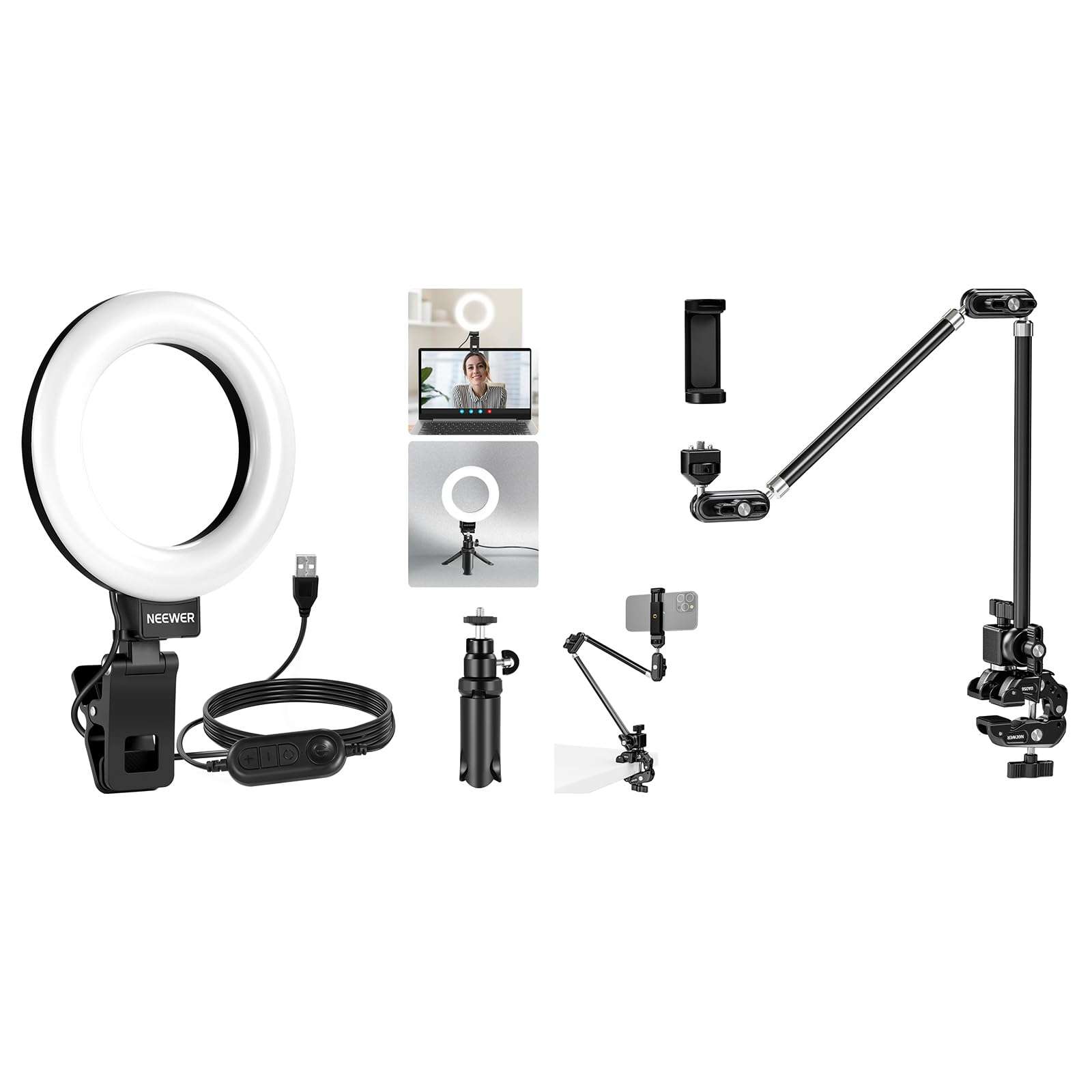 NEEWER BR60 Basic 5" Ring Light with Clip & Tripod, 10W Dimmable Clip on Light for Laptop Computer Monitor Conference Vlog Live Streaming Video Recording, UA056 30" Articulating Magic Arm Included