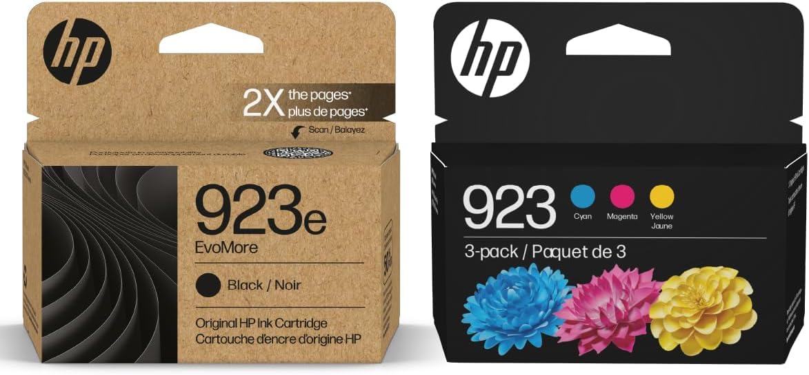 HP Original 923e EvoMore Black / 923 Tri-Color Ink Cartridges (2-Pack) | Works with Printer Series: OfficeJet 8120, OfficeJet Pro 8130 | Carbon Neutral | C84QYLN