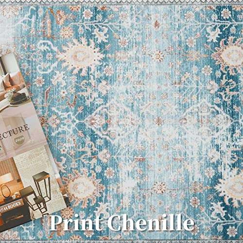 RUGSREAL Washable Rug 4x6 Vintage Print Distressed Carpet Foldable Indoor Floor Cover Non Slip Non-Shedding Throw Rug Lightweight Thin Rug for Bedroom Living Room, 4'x6', Blue 4