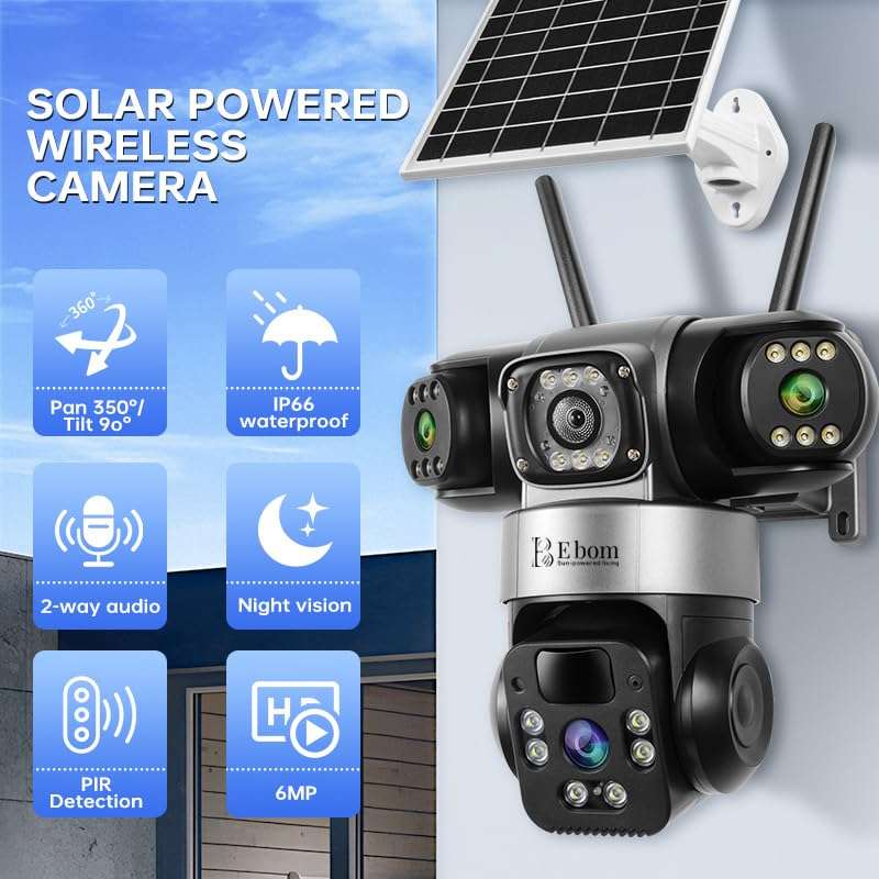E bom Solar 4G SIM Security Camera for Outdoor Use | 3-Lens CCTV with 3+3+3MP Resolution | 360° Rotating Main Lens & 180° Dual Lens with PIR Motion | Night Vision | 2-Way Talk | Waterproof 3